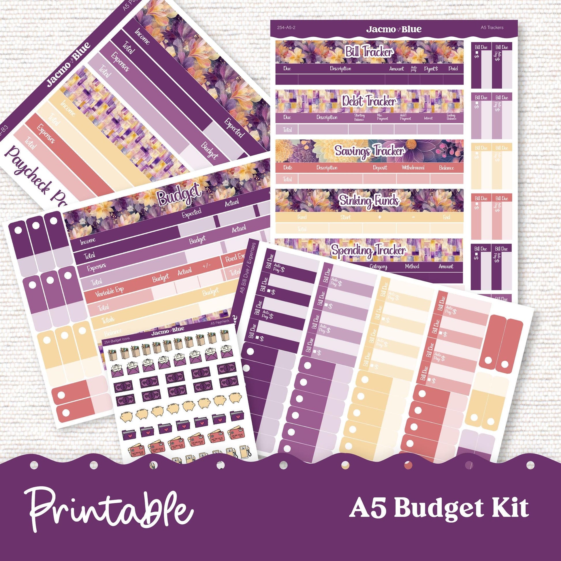 Printable A5 Budget Planner Sticker Kit Budget by Paycheck Trackers - Kit 253 Glassy Florals Purple Yellow