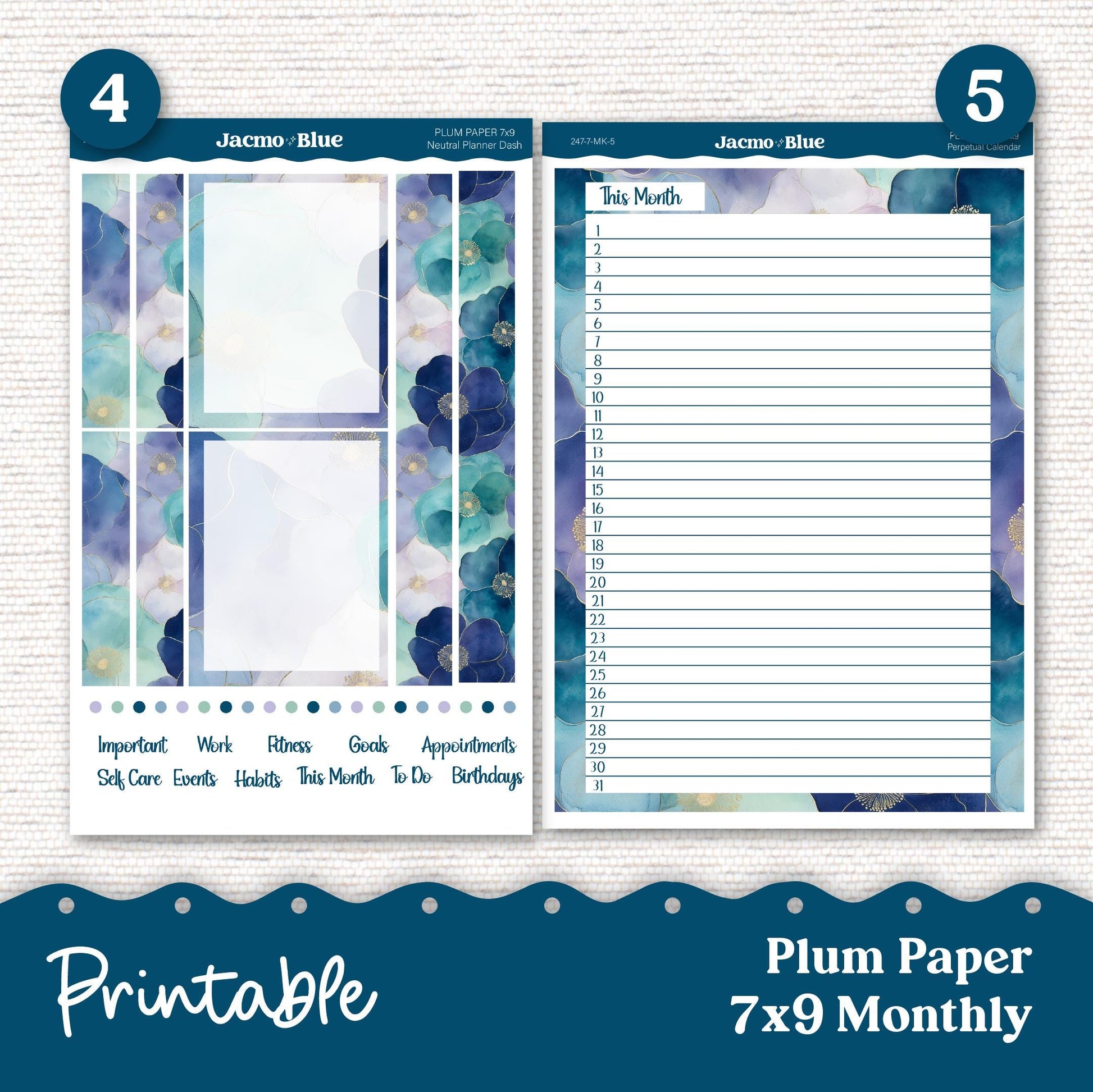 Plum Paper Planner PRINTABLE Monthly Stickers 8x11 7x9 A5 Print and Cut - 247P Blue Green Flowers Watercolor plus Bonus Gift