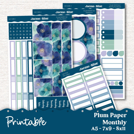 Plum Paper Planner PRINTABLE Monthly Stickers 8x11 7x9 A5 Print and Cut - 247P Blue Green Flowers Watercolor plus Bonus Gift