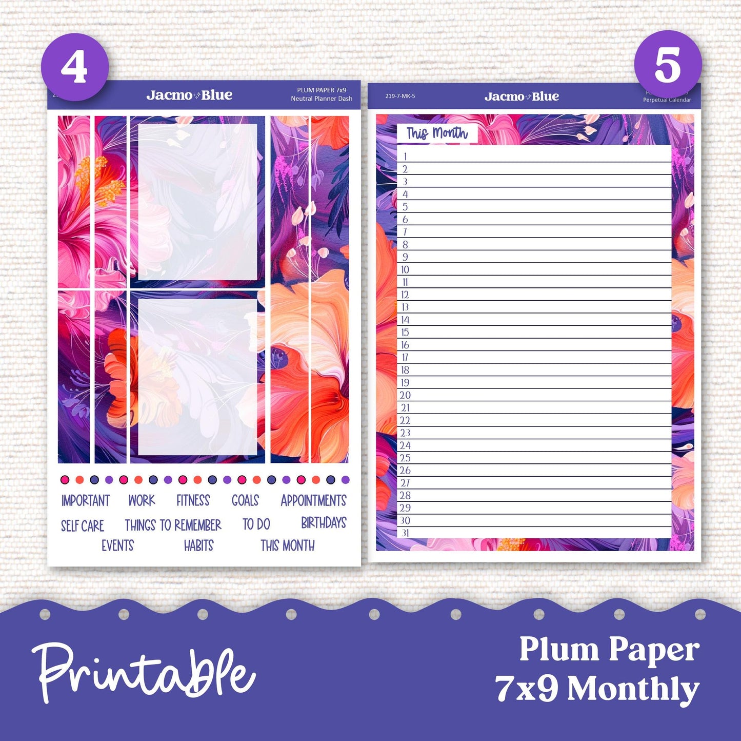 Plum Paper Planner PRINTABLE Monthly Stickers 8x11 7x9 A5 Print and Cut - 219P Spontaneous