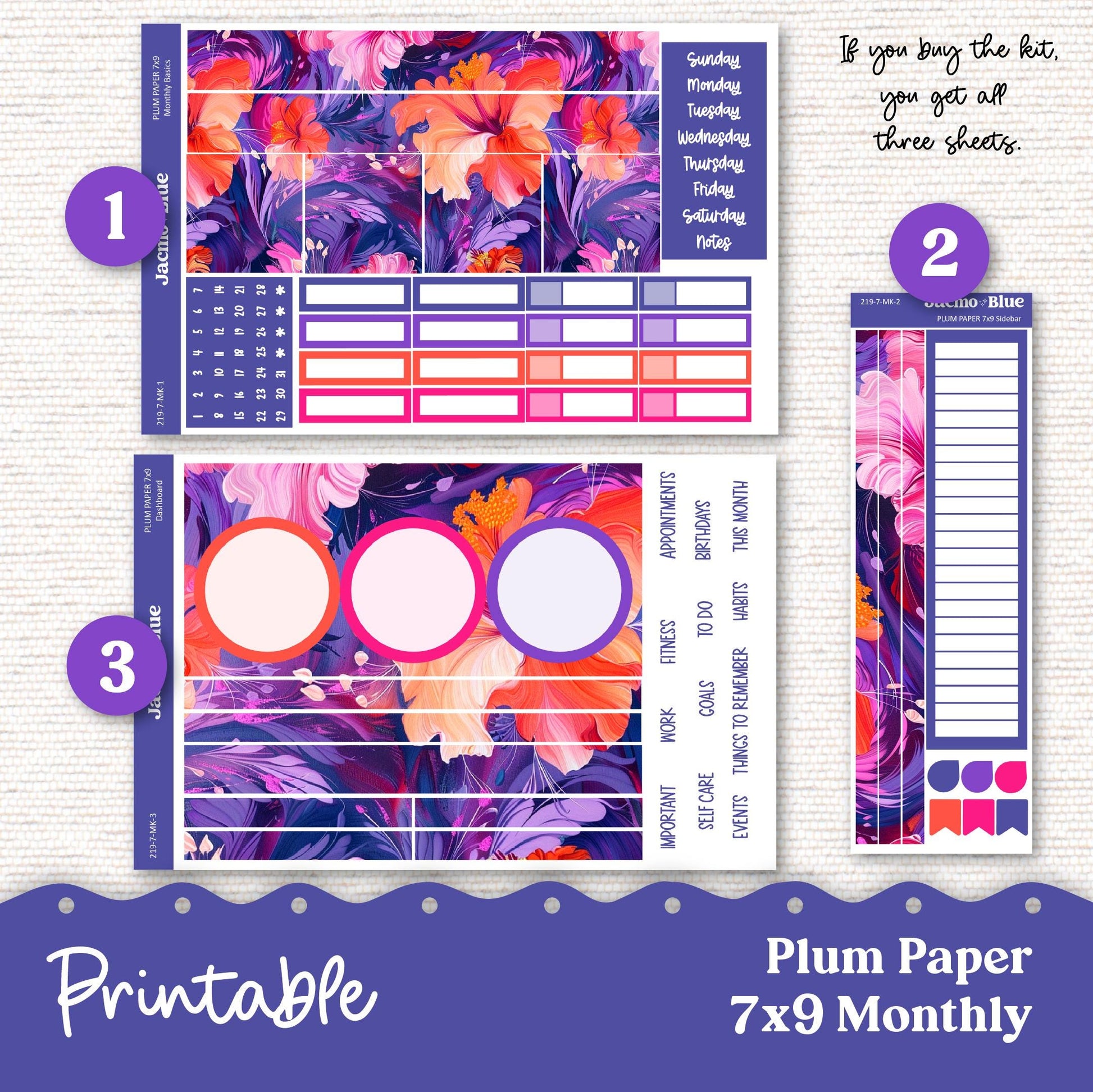 Plum Paper Planner PRINTABLE Monthly Stickers 8x11 7x9 A5 Print and Cut - 219P Spontaneous