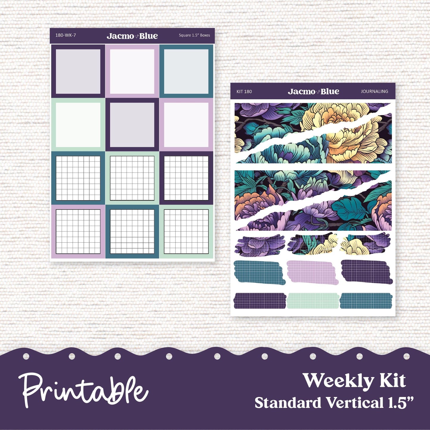 PRINTABLE Weekly Sticker Kit Vertical Planner - Silhouette Cricut Transparent PNG Files 180P Vintage Kimono