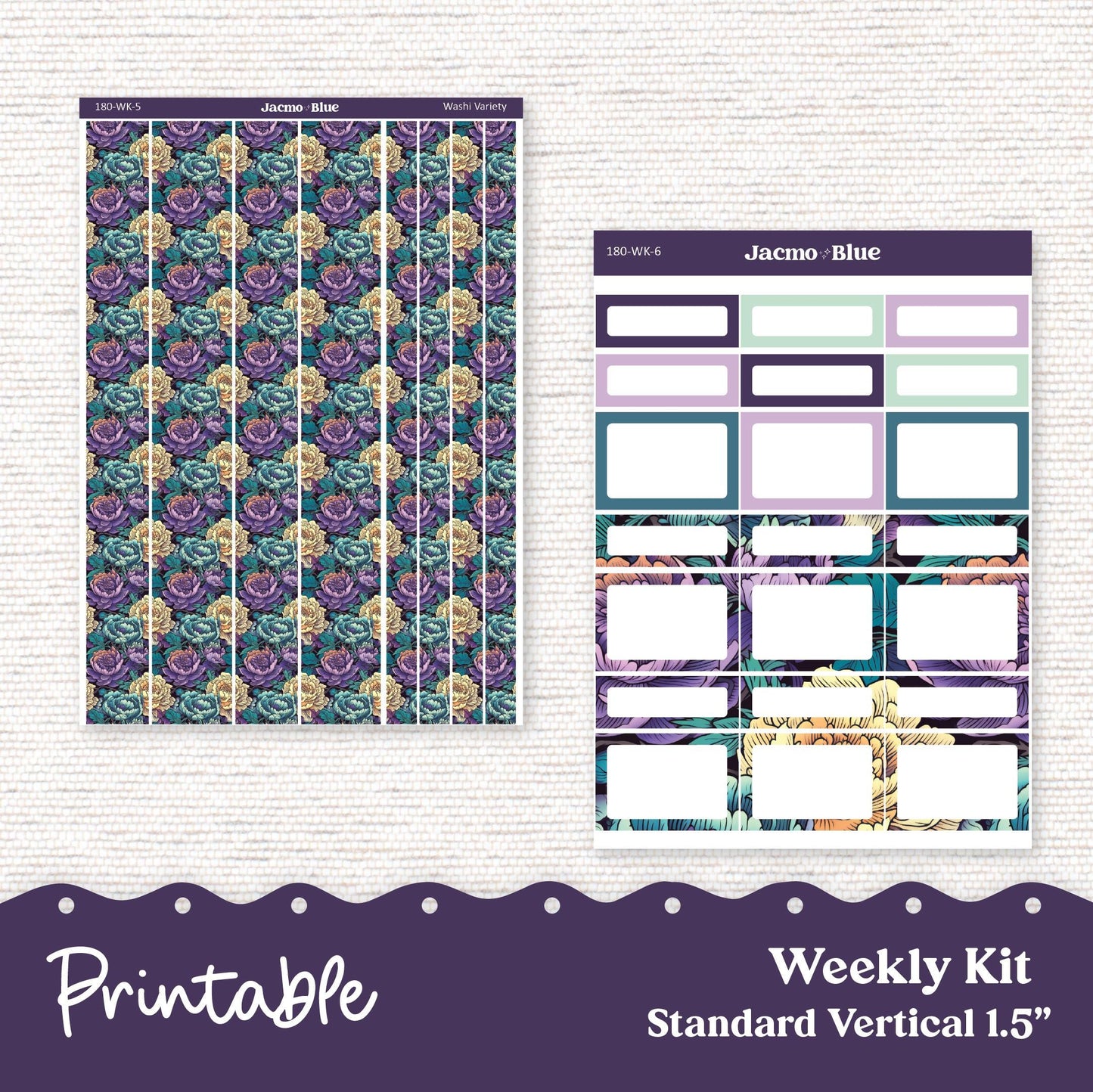 PRINTABLE Weekly Sticker Kit Vertical Planner - Silhouette Cricut Transparent PNG Files 180P Vintage Kimono