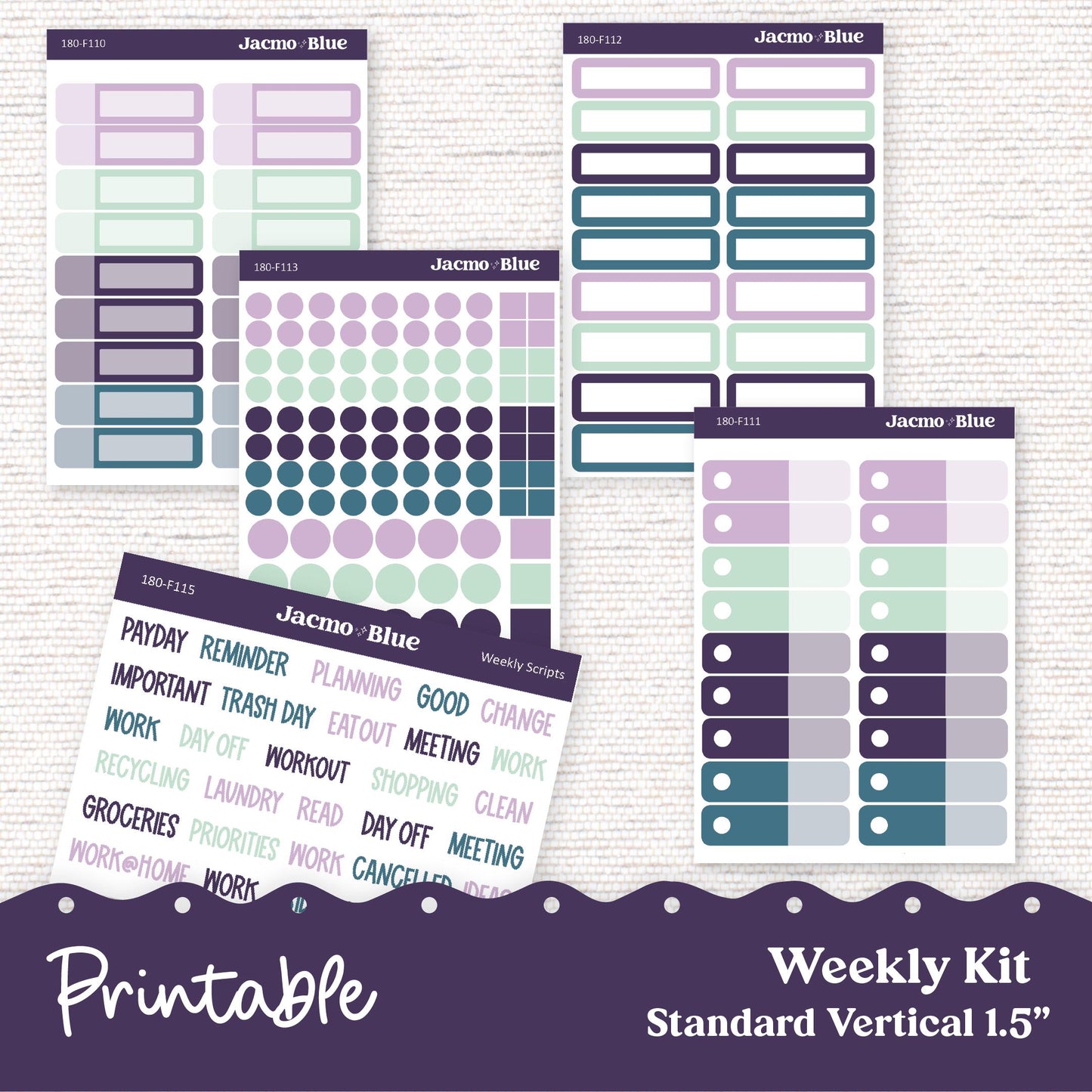 PRINTABLE Weekly Sticker Kit Vertical Planner - Silhouette Cricut Transparent PNG Files 180P Vintage Kimono