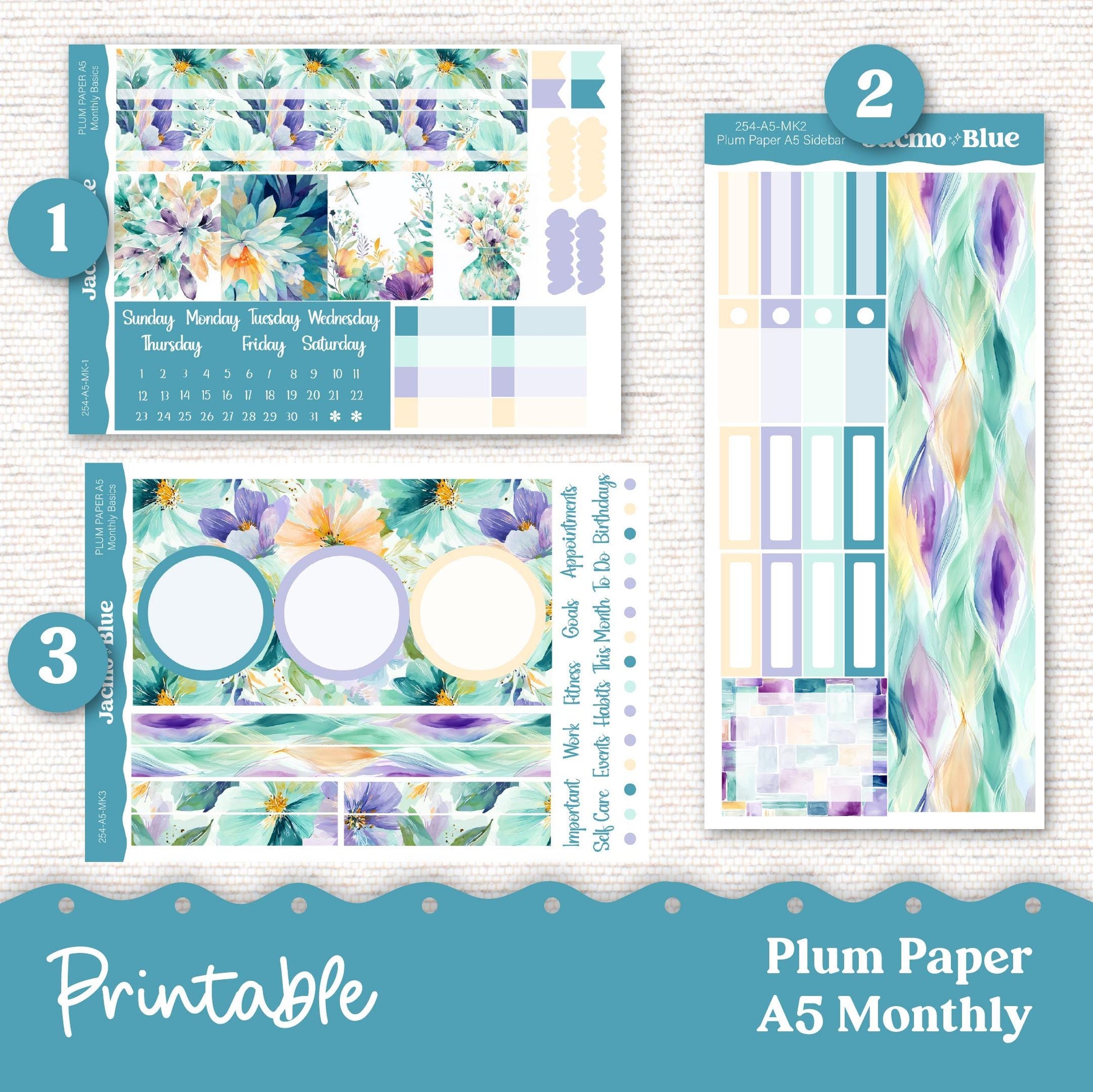 Plum Paper Planner PRINTABLE Monthly Stickers 8x11 7x9 A5 Print and Cut - 254P Green Yellow Purple Flowers plus Bonus Gift