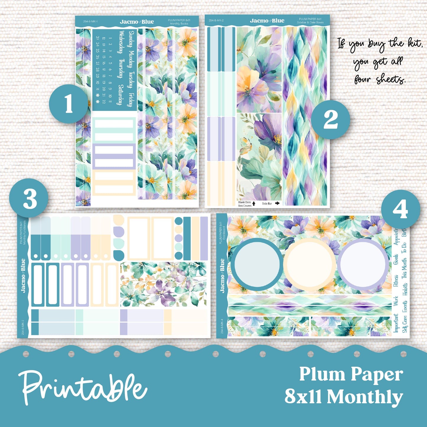 Plum Paper Planner PRINTABLE Monthly Stickers 8x11 7x9 A5 Print and Cut - 254P Green Yellow Purple Flowers plus Bonus Gift