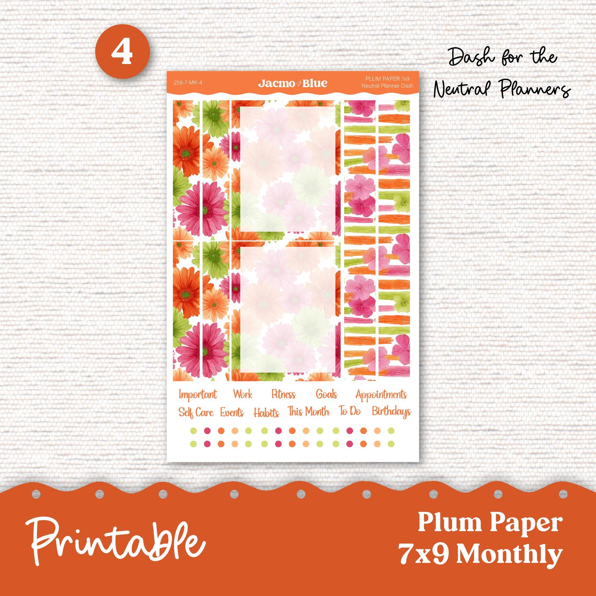 Plum Paper Planner PRINTABLE Monthly Stickers 8x11 7x9 A5 Print and Cut - 256P Summery Gerber Daisies