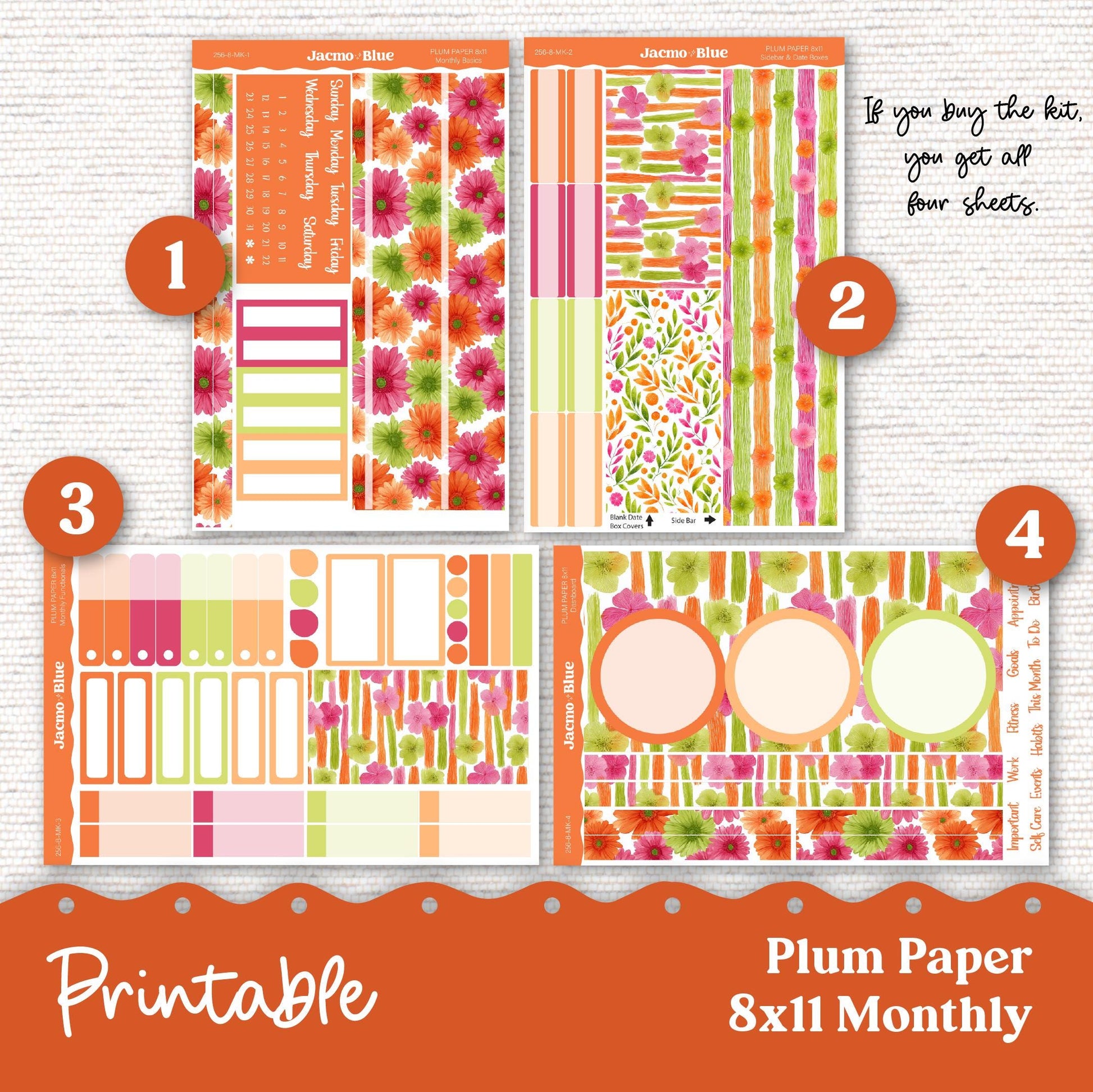 Plum Paper Planner PRINTABLE Monthly Stickers 8x11 7x9 A5 Print and Cut - 256P Summery Gerber Daisies