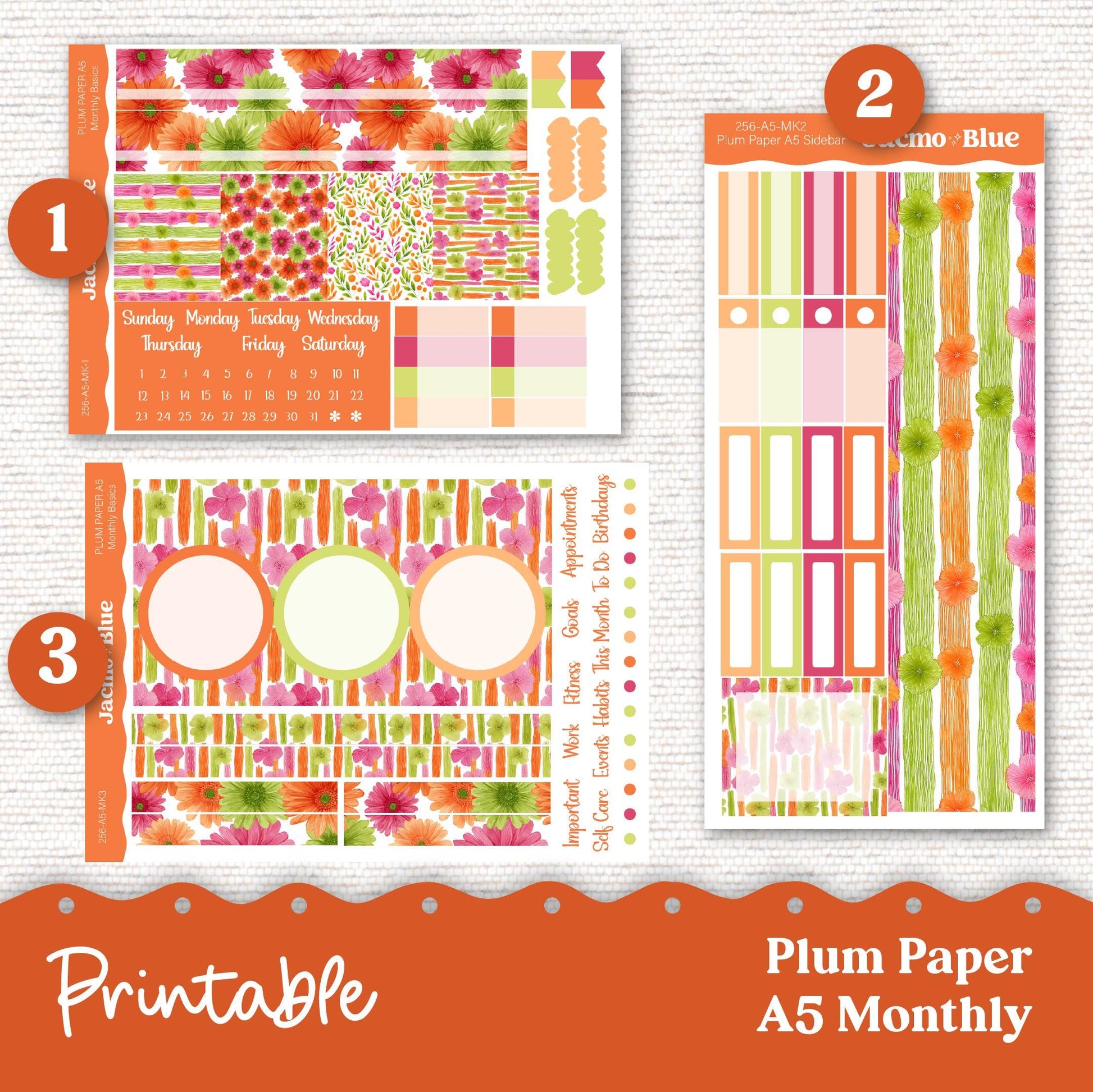 Plum Paper Planner PRINTABLE Monthly Stickers 8x11 7x9 A5 Print and Cut - 256P Summery Gerber Daisies