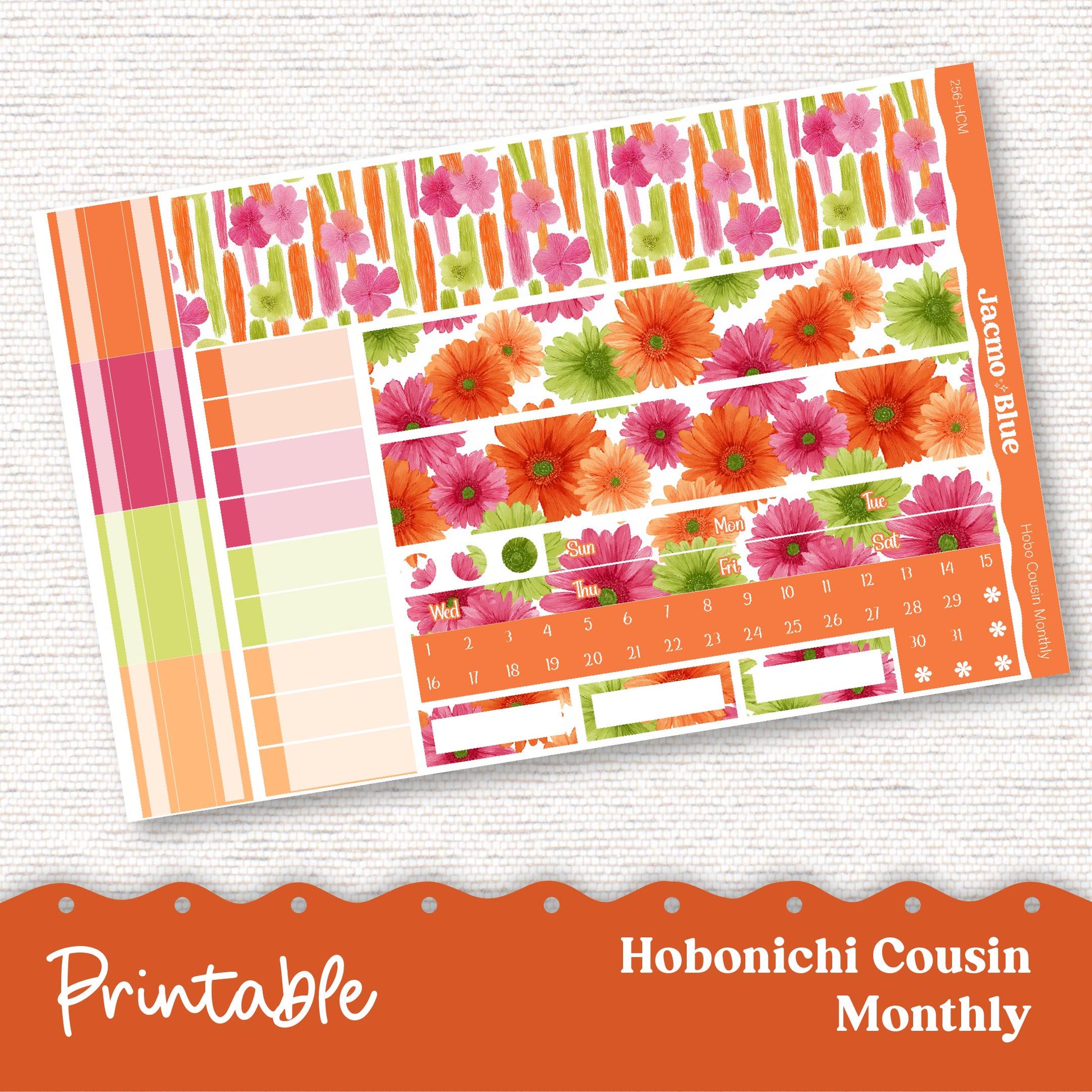 256P PRINTABLE Monthly Planner Stickers for Hobonichi Cousin A5 - Print and Cut Silhouette and Cricut - Summer Gerber Daisies