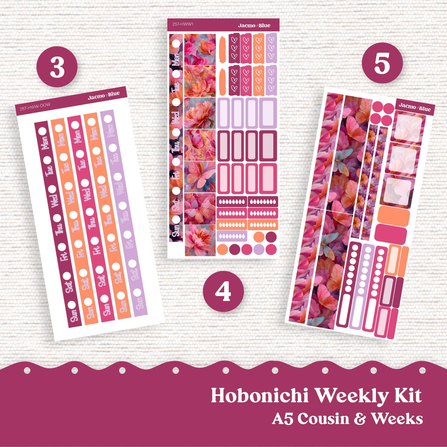 Hobonichi Cousin & Hobonichi Weeks Weekly Planner Sticker Kit 257 Bright Butterflies - Sterling Ink Common Planner 1.3" columns