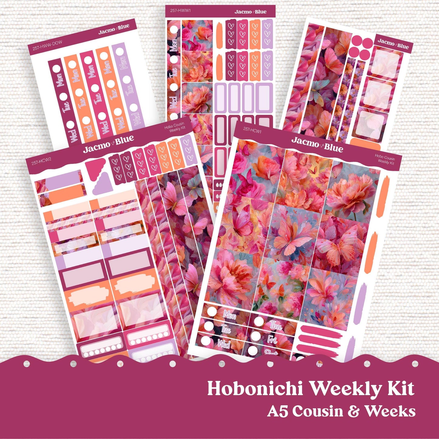 Hobonichi Cousin & Hobonichi Weeks Weekly Planner Sticker Kit 257 Bright Butterflies - Sterling Ink Common Planner 1.3" columns