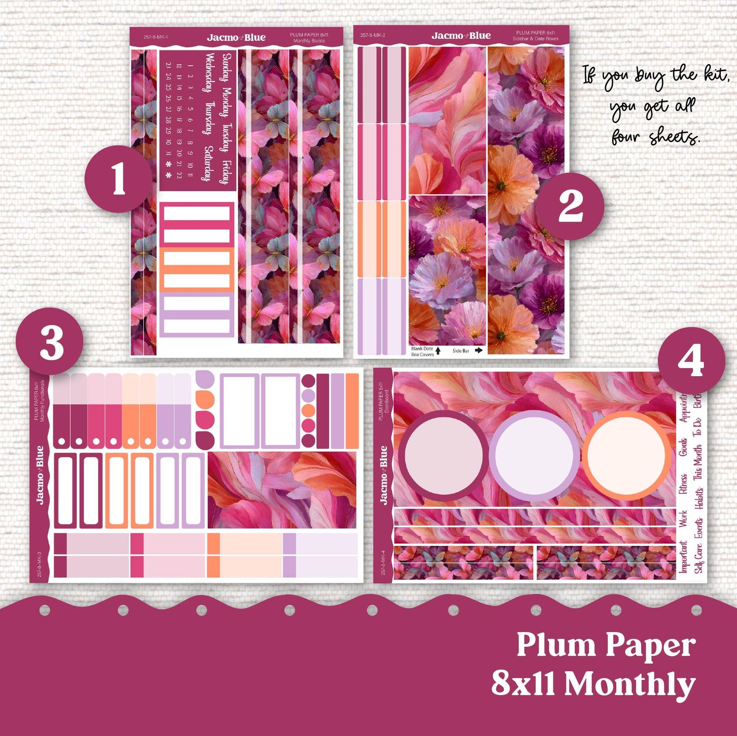 Plum Paper Monthly Sticker Kit for 8x11 7x9 A5 Planners Stickers - Kit 257 Bright Butterflies Summer