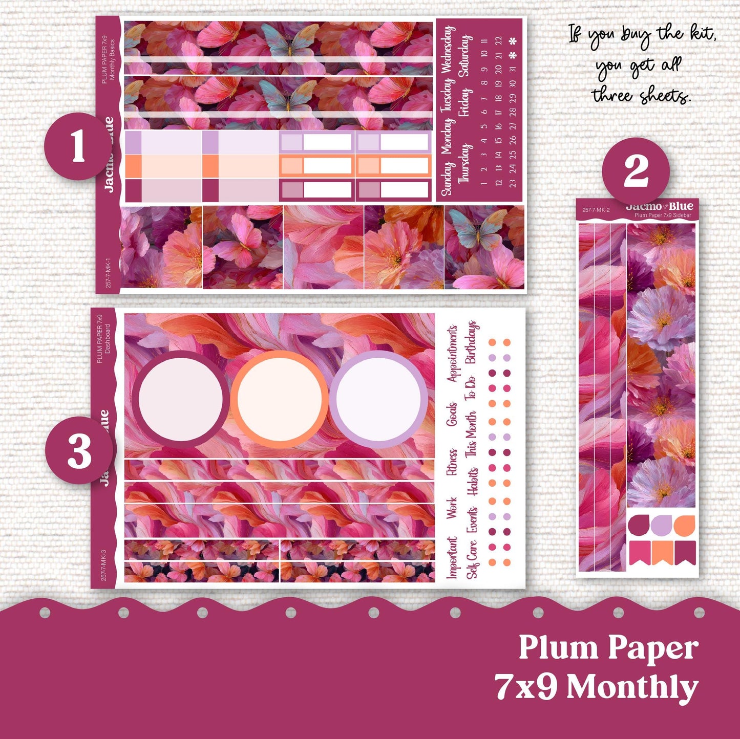 Plum Paper Monthly Sticker Kit for 8x11 7x9 A5 Planners Stickers - Kit 257 Bright Butterflies Summer