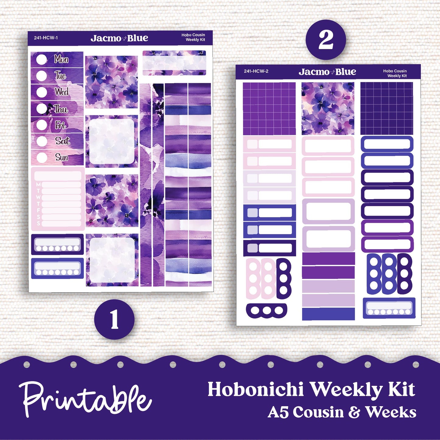 PRINTABLE Hobonichi Cousin & Weeks Sticker Kit Planner Stickers - Silhouette Cricut Transparent PNG Files 242 Purple Watercolor