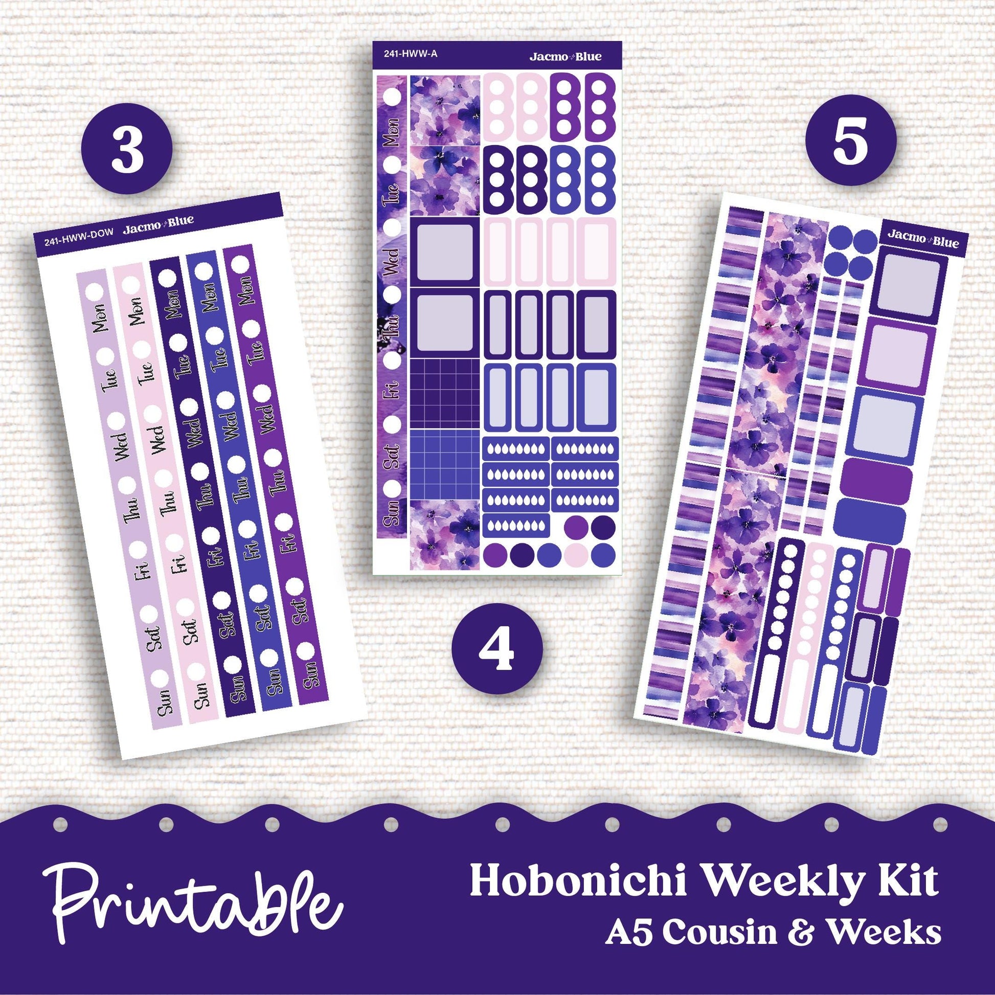 PRINTABLE Hobonichi Cousin & Weeks Sticker Kit Planner Stickers - Silhouette Cricut Transparent PNG Files 242 Purple Watercolor