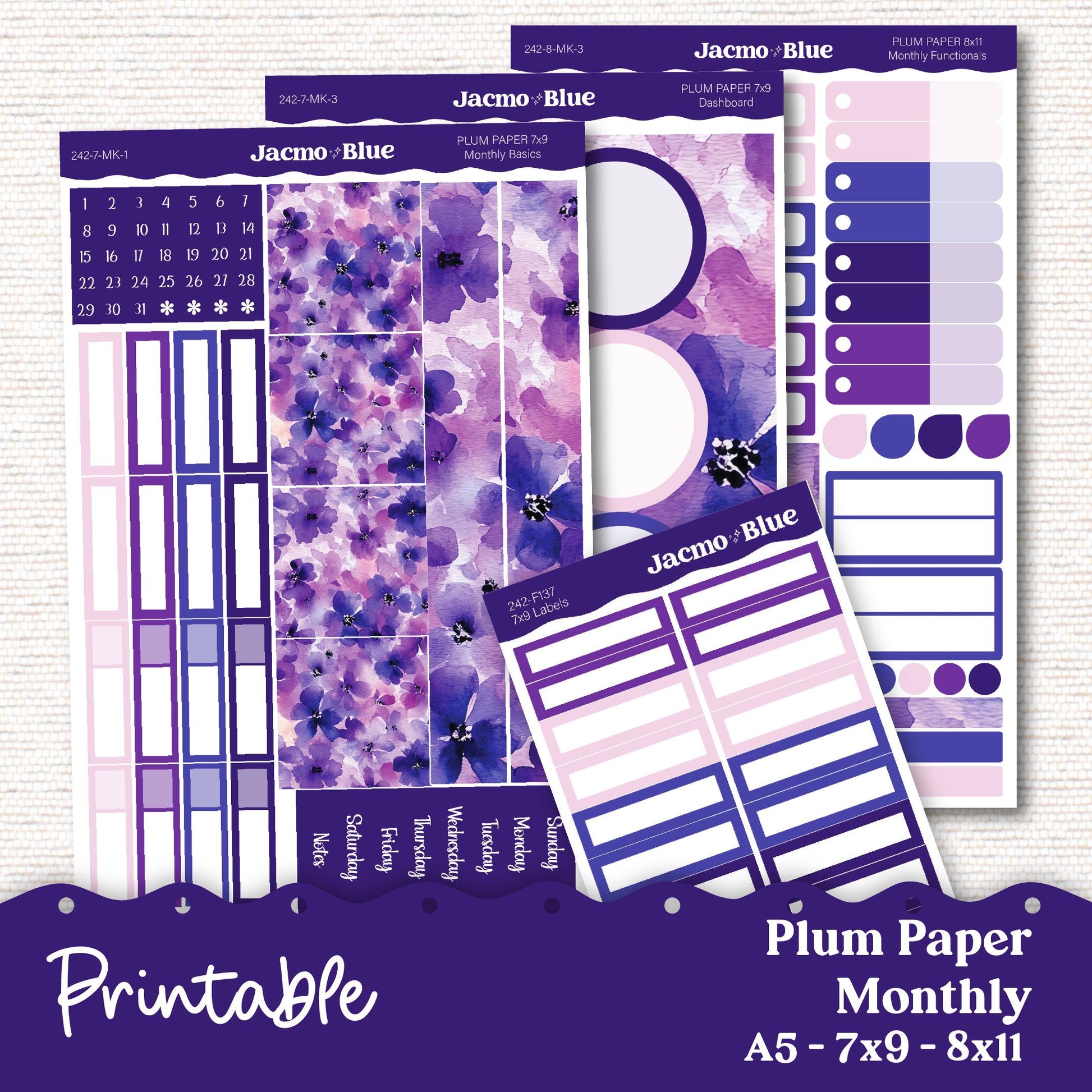Plum Paper Planner PRINTABLE Monthly Stickers 8x11 7x9 A5 Print and Cut - 242P Purple Watercolor