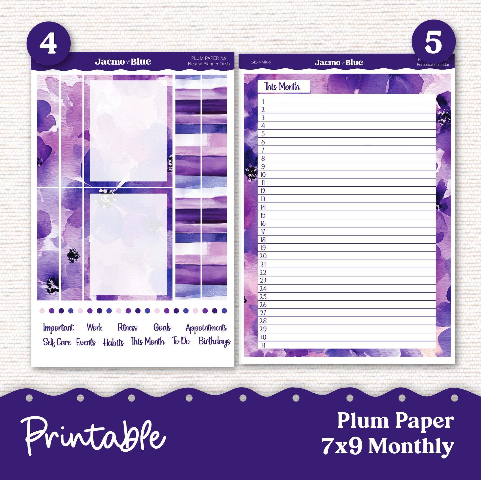 Plum Paper Planner PRINTABLE Monthly Stickers 8x11 7x9 A5 Print and Cut - 242P Purple Watercolor