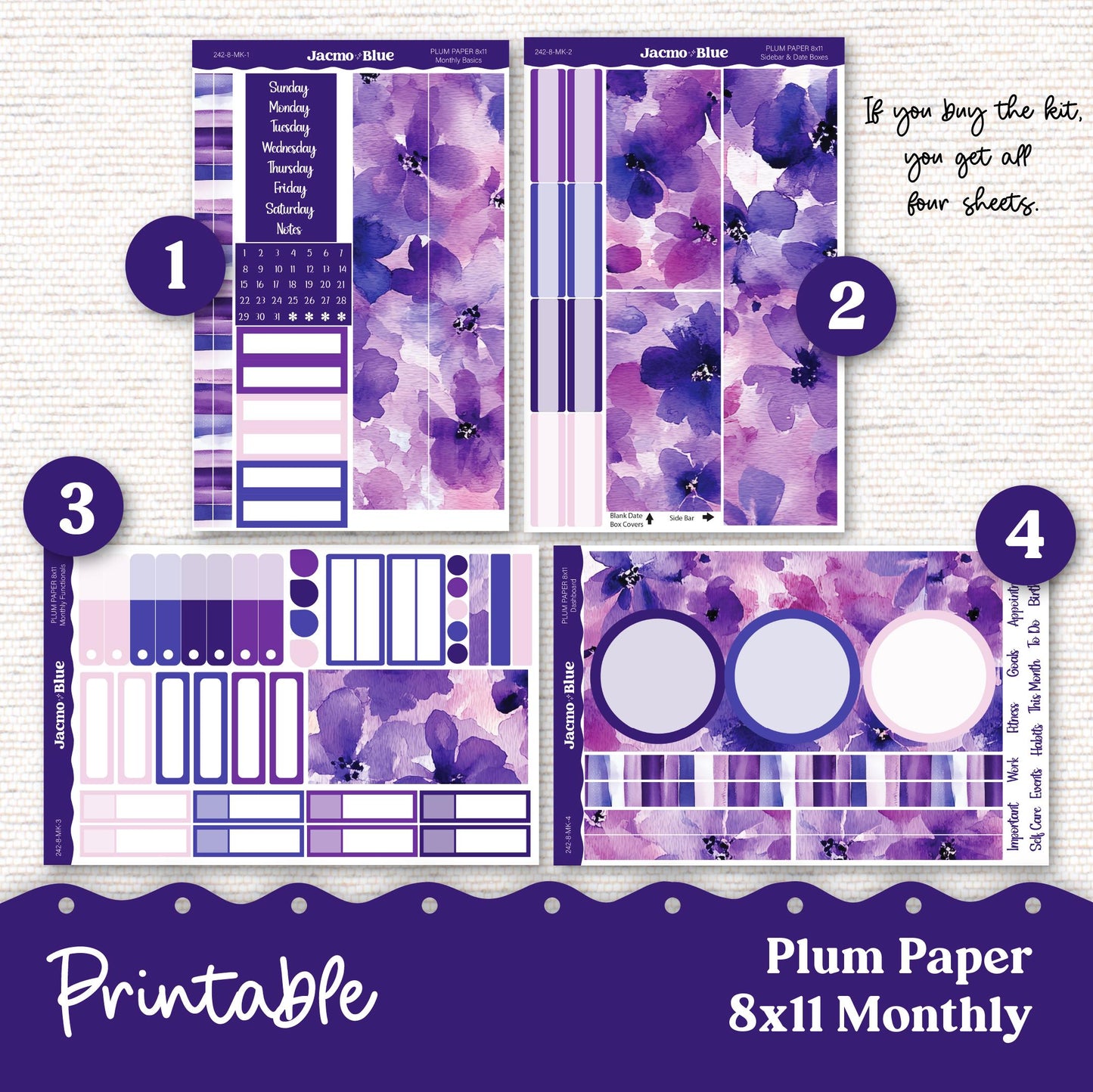Plum Paper Planner PRINTABLE Monthly Stickers 8x11 7x9 A5 Print and Cut - 242P Purple Watercolor