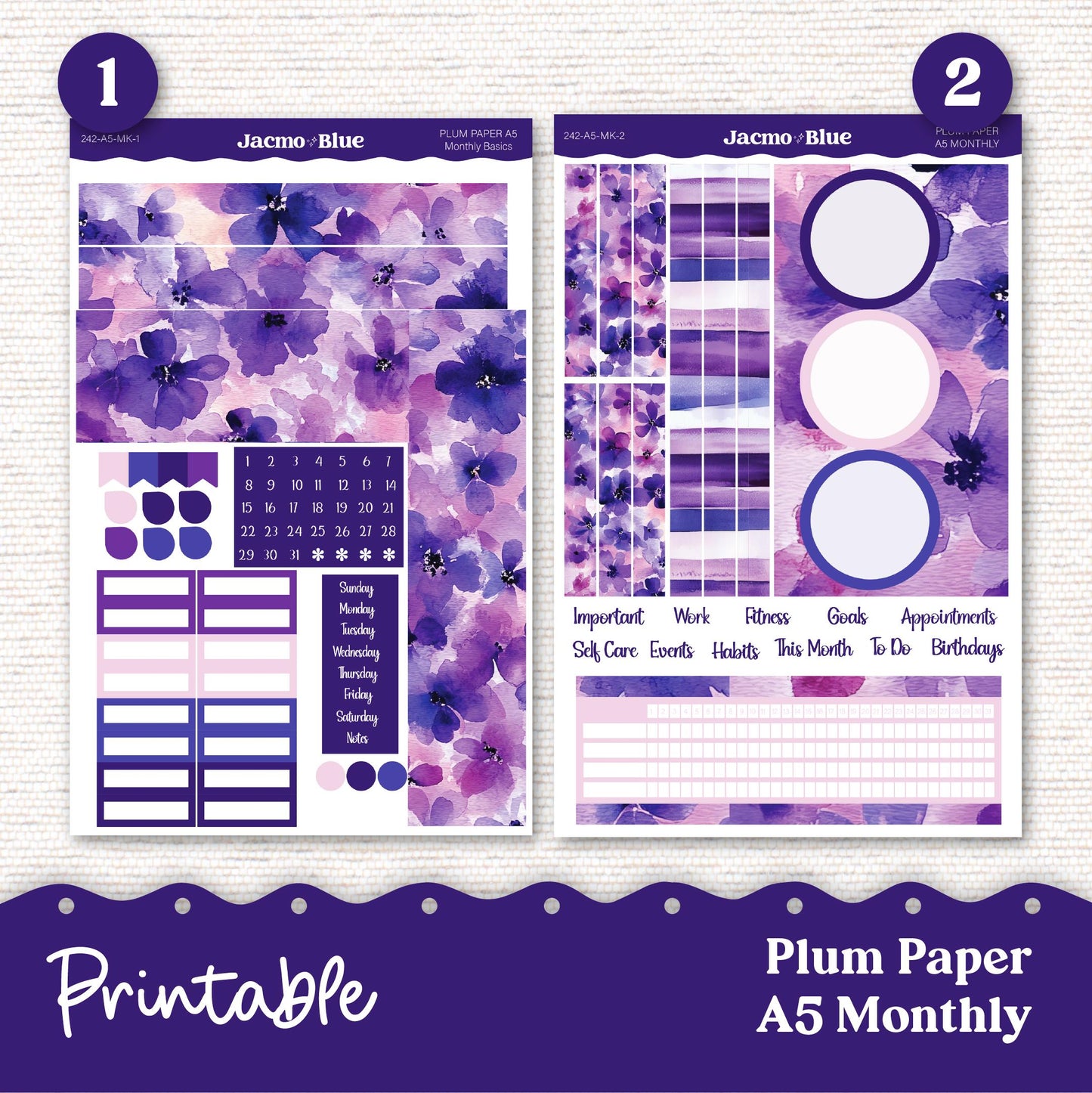 Plum Paper Planner PRINTABLE Monthly Stickers 8x11 7x9 A5 Print and Cut - 242P Purple Watercolor