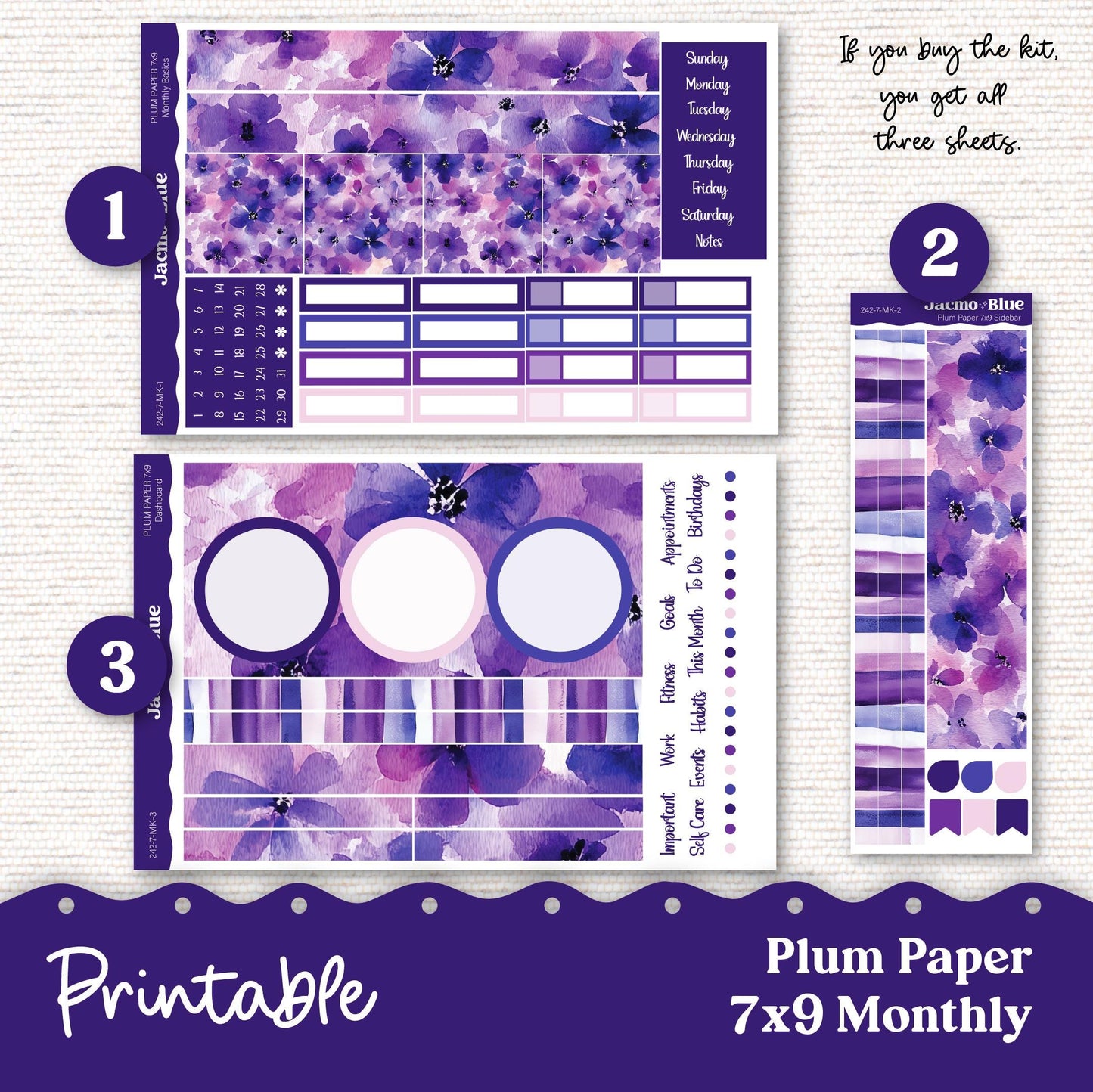 Plum Paper Planner PRINTABLE Monthly Stickers 8x11 7x9 A5 Print and Cut - 242P Purple Watercolor