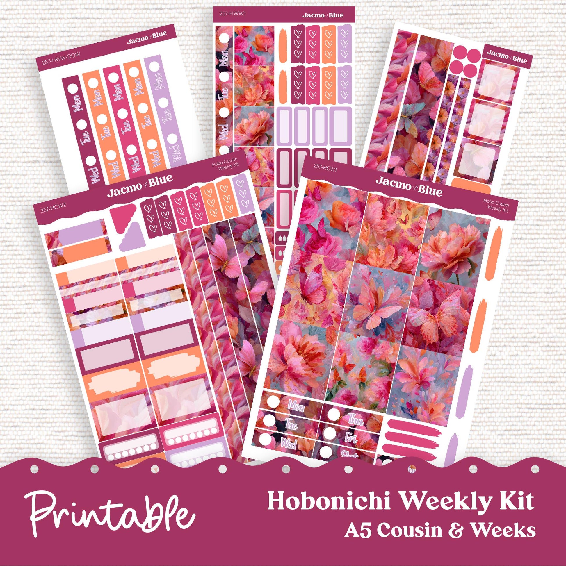 PRINTABLE Hobonichi Weekly Sticker Kit Cousin & Weeks Planner Stickers - Silhouette Cricut Transparent PNG Files 257P Bright Butterflies
