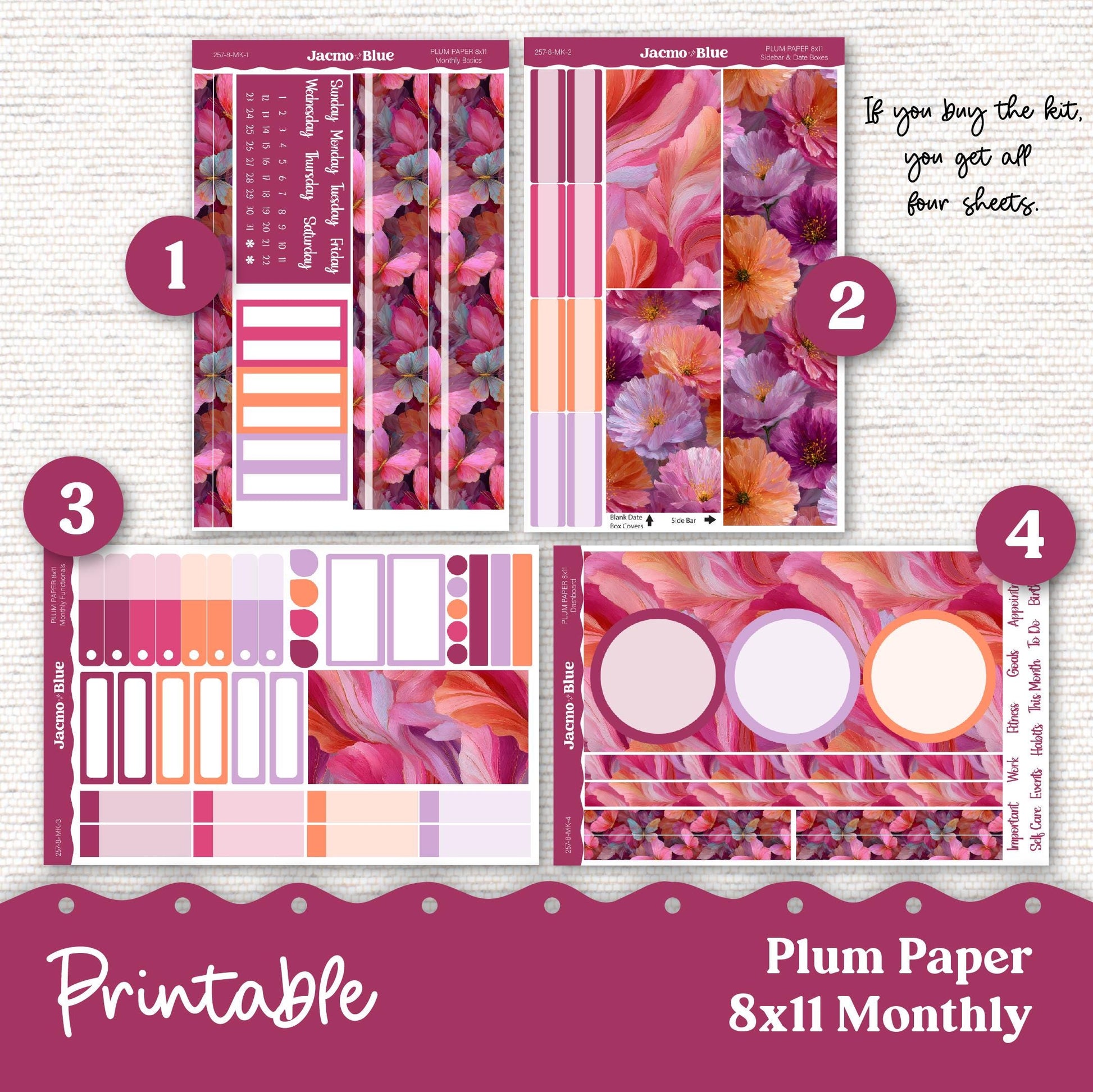 Plum Paper Planner PRINTABLE Monthly Stickers 8x11 7x9 A5 Print and Cut - 257P Bright Butterflies