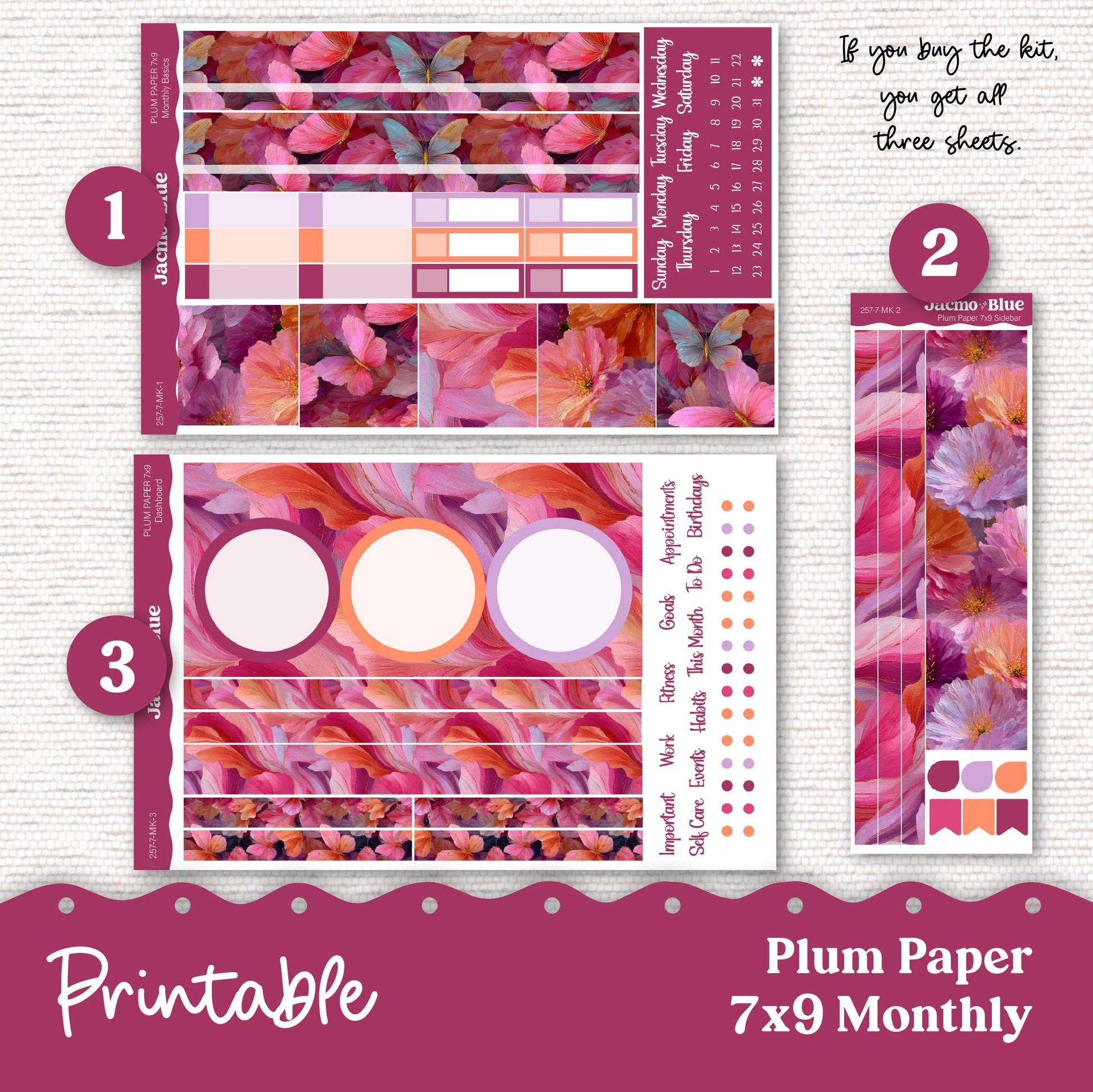 Plum Paper Planner PRINTABLE Monthly Stickers 8x11 7x9 A5 Print and Cut - 257P Bright Butterflies