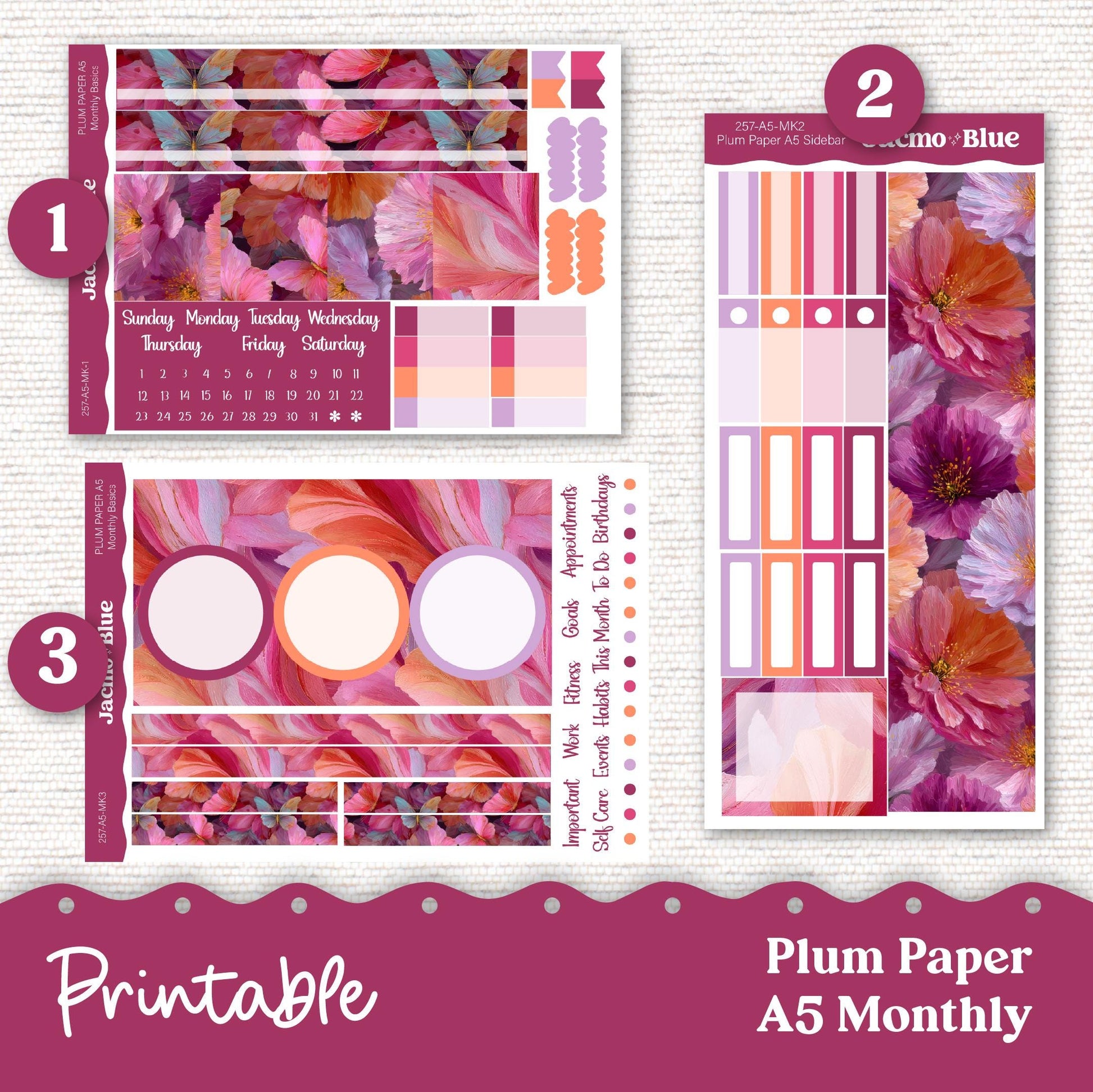 Plum Paper Planner PRINTABLE Monthly Stickers 8x11 7x9 A5 Print and Cut - 257P Bright Butterflies