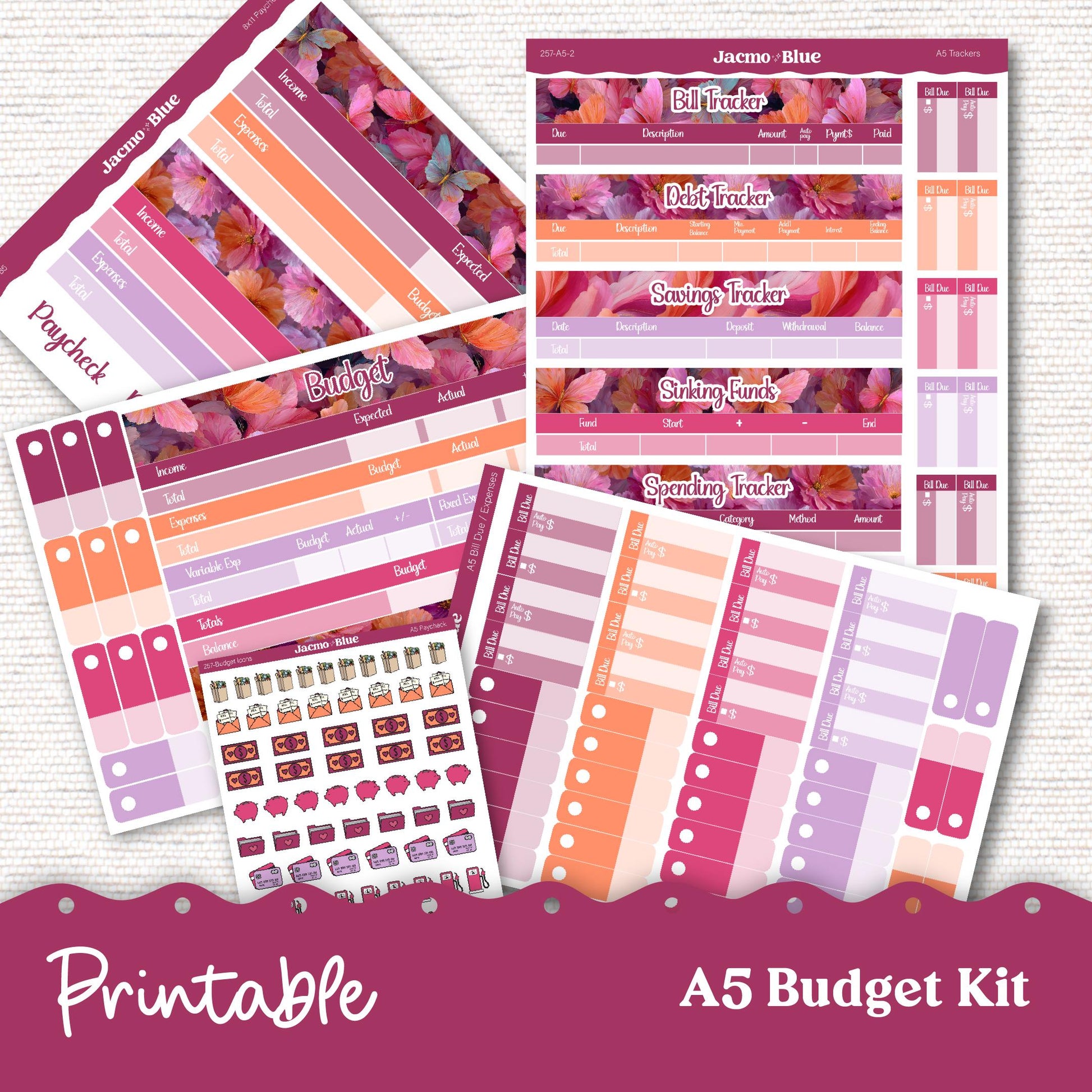 Printable A5 Budget Planner Sticker Kit Budget by Paycheck Trackers - Kit 257P Bright Butterflies