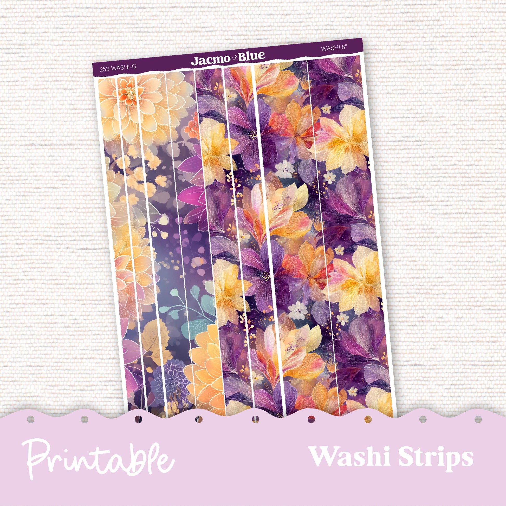 253P PRINTABLE Washi Strips Stickers Print and Cut Silhouette and Cricut - 253P- Glassy Florals