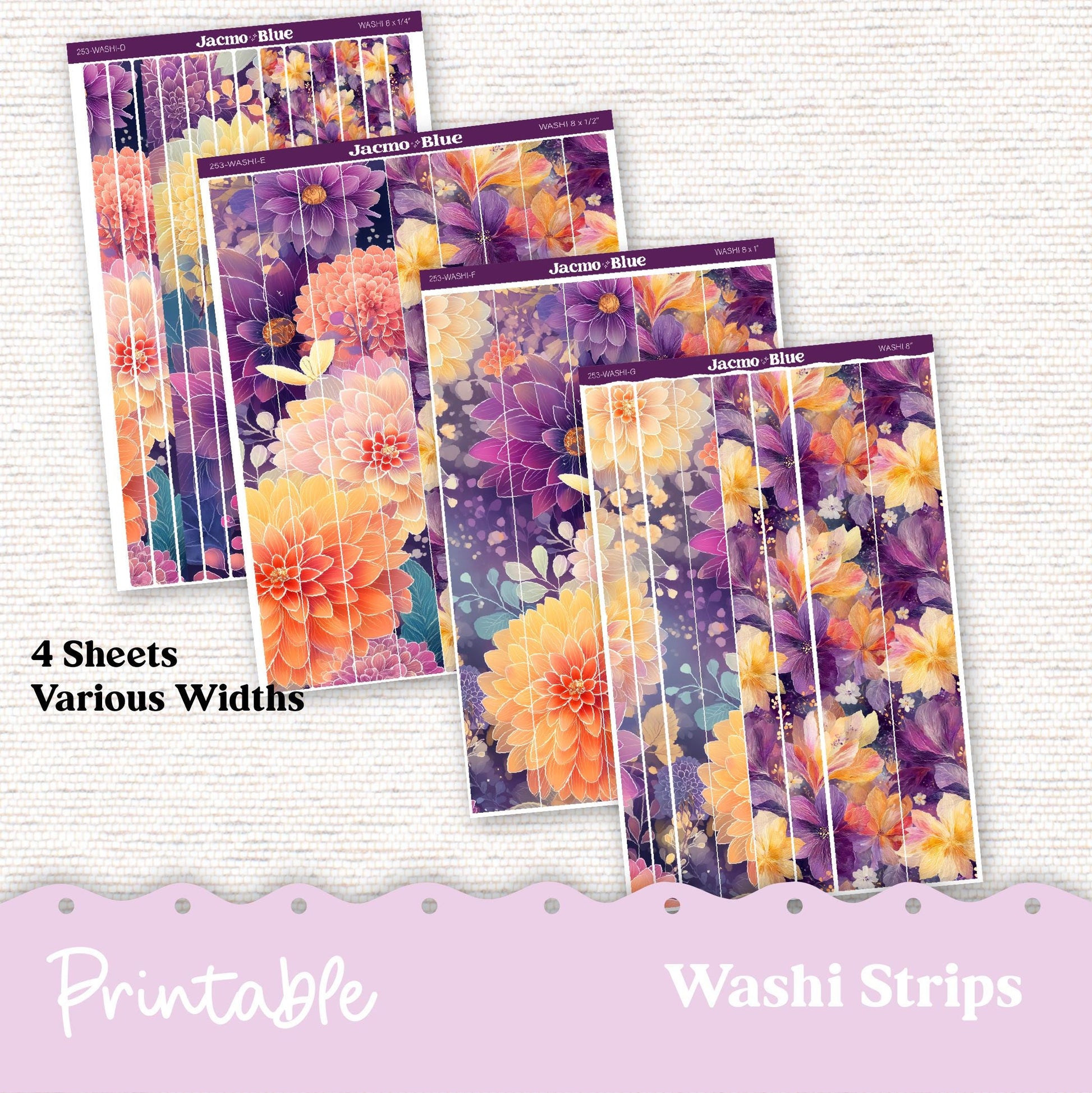 253P PRINTABLE Washi Strips Stickers Print and Cut Silhouette and Cricut - 253P- Glassy Florals