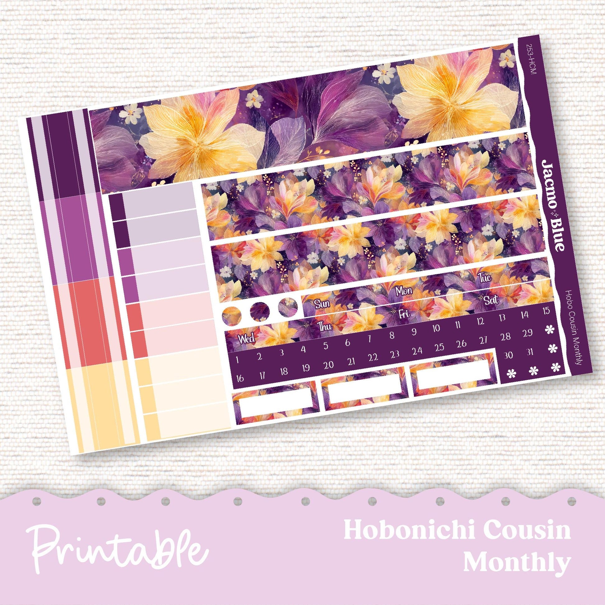 253P PRINTABLE Monthly Planner Stickers for Hobonichi Cousin A5 - Print and Cut Silhouette and Cricut - Glassy Florals