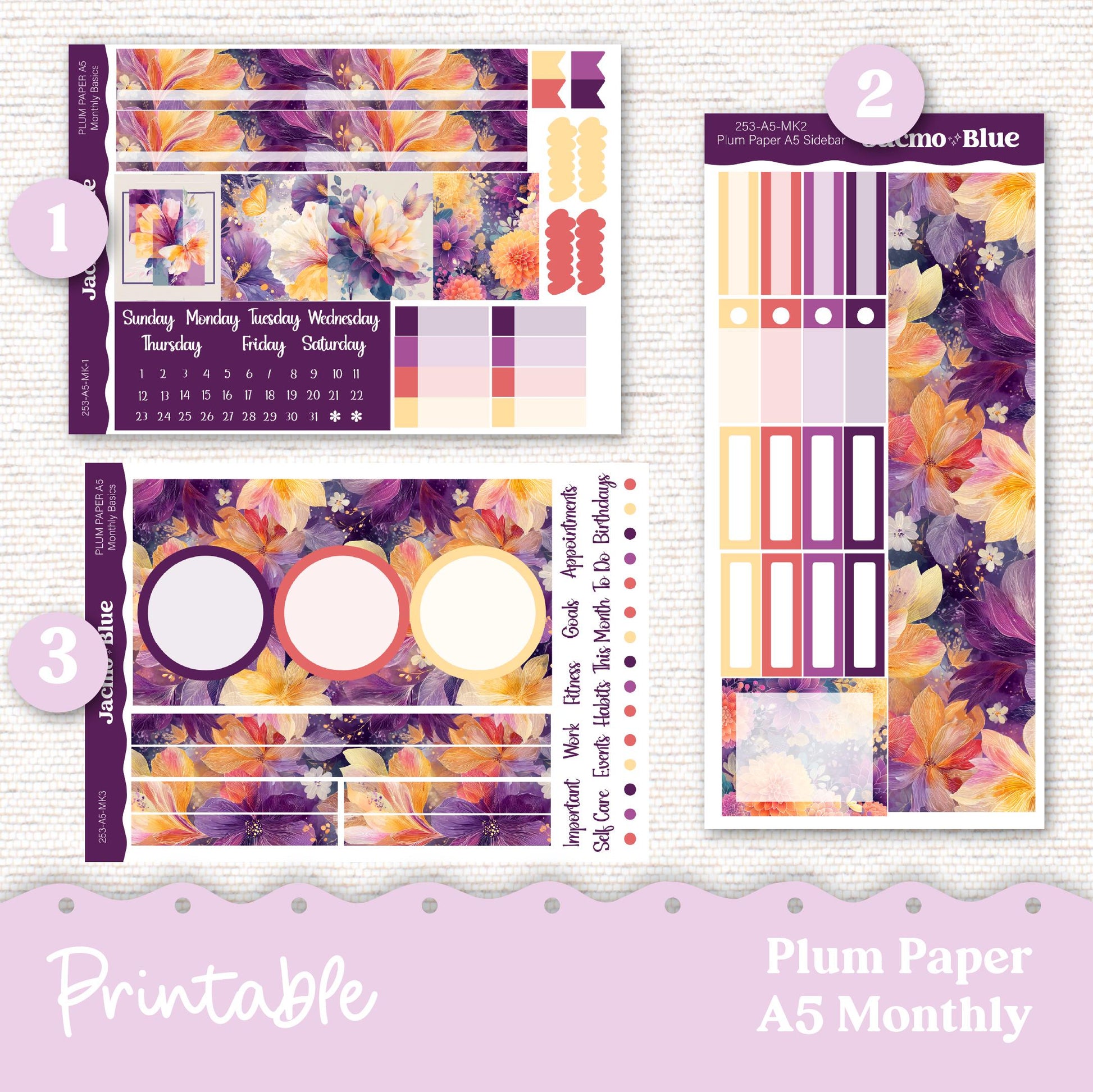 Plum Paper Planner PRINTABLE Monthly Stickers 8x11 7x9 A5 Print and Cut - 253P Glassy Flowers