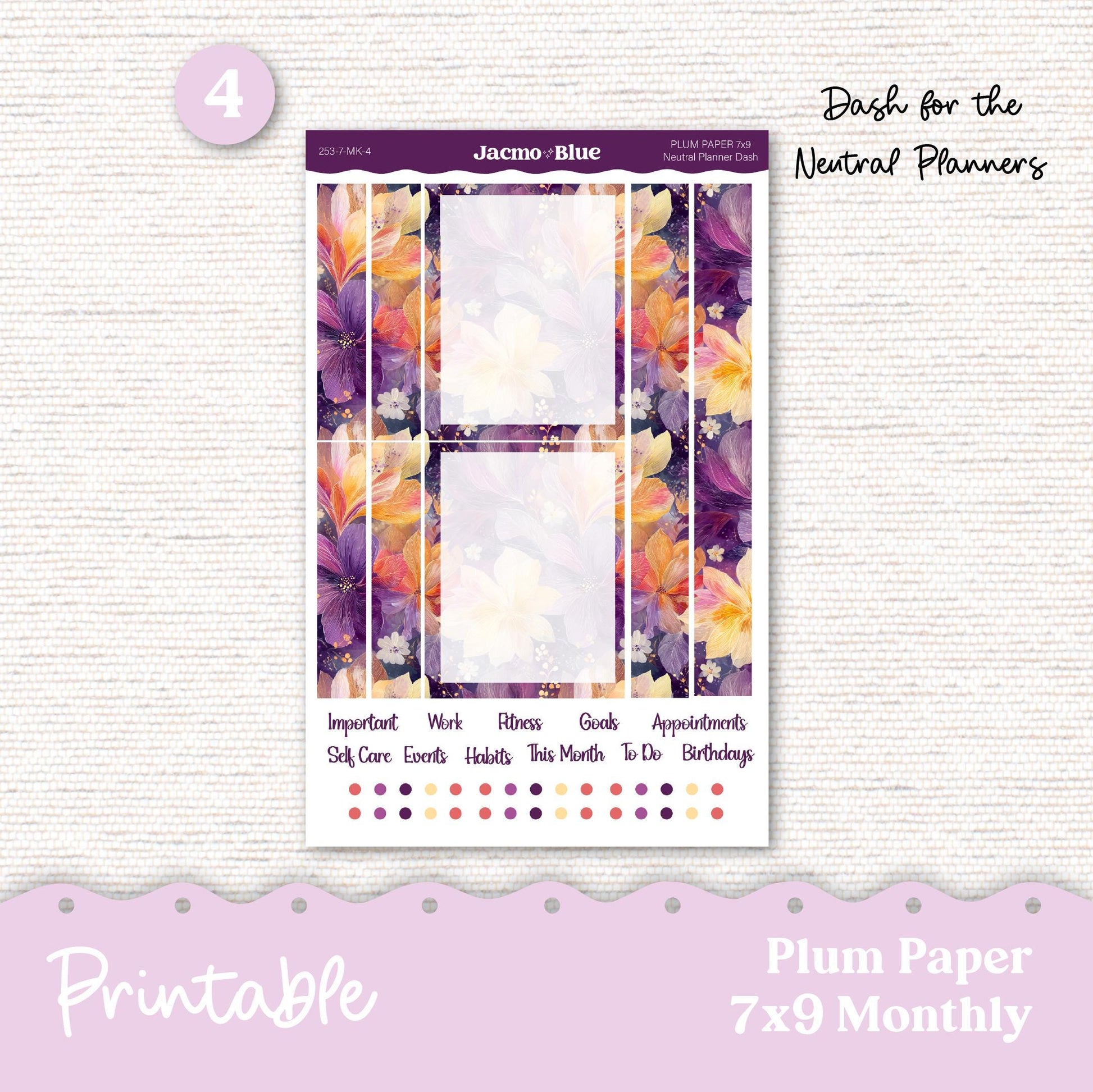 Plum Paper Planner PRINTABLE Monthly Stickers 8x11 7x9 A5 Print and Cut - 253P Glassy Flowers
