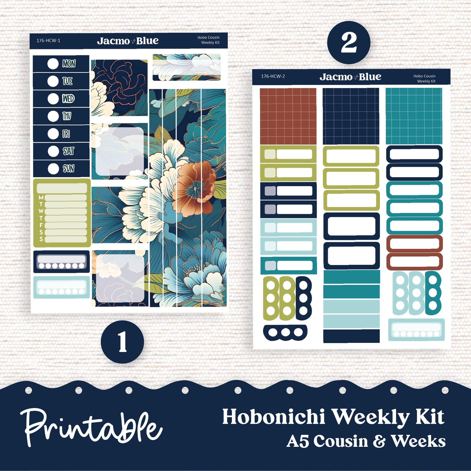 PRINTABLE Hobonichi Cousin Weekly Sticker Kit Cousin Planner Stickers - Silhouette Cricut Transparent PNG Files 176P Vintage Kimono
