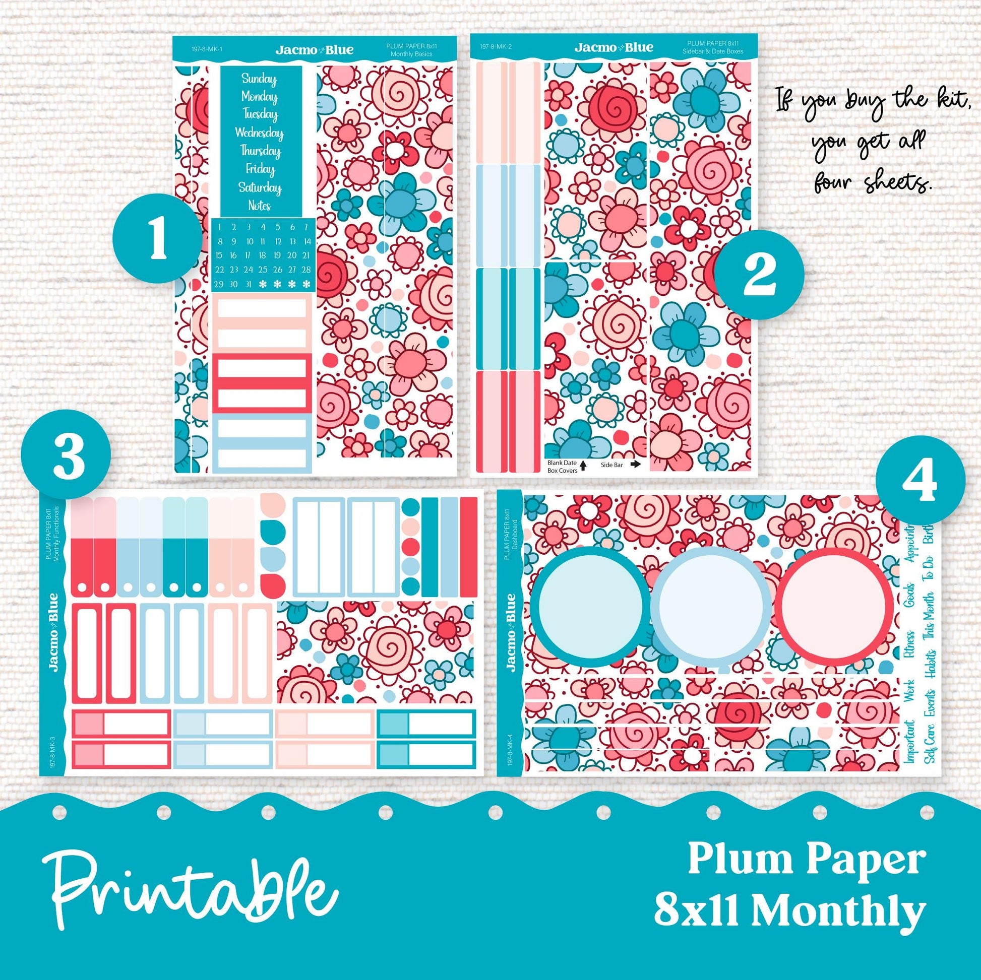 Plum Paper Planner PRINTABLE Monthly Stickers 8x11 7x9 A5 Print and Cut - 249P July Doodles