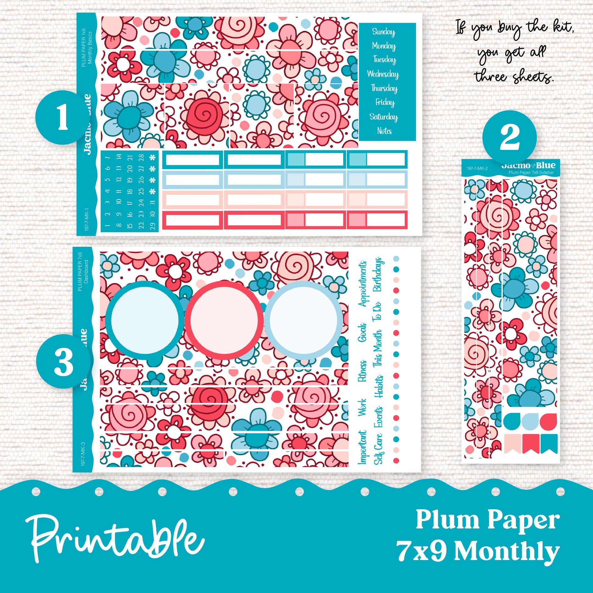 Plum Paper Planner PRINTABLE Monthly Stickers 8x11 7x9 A5 Print and Cut - 249P July Doodles