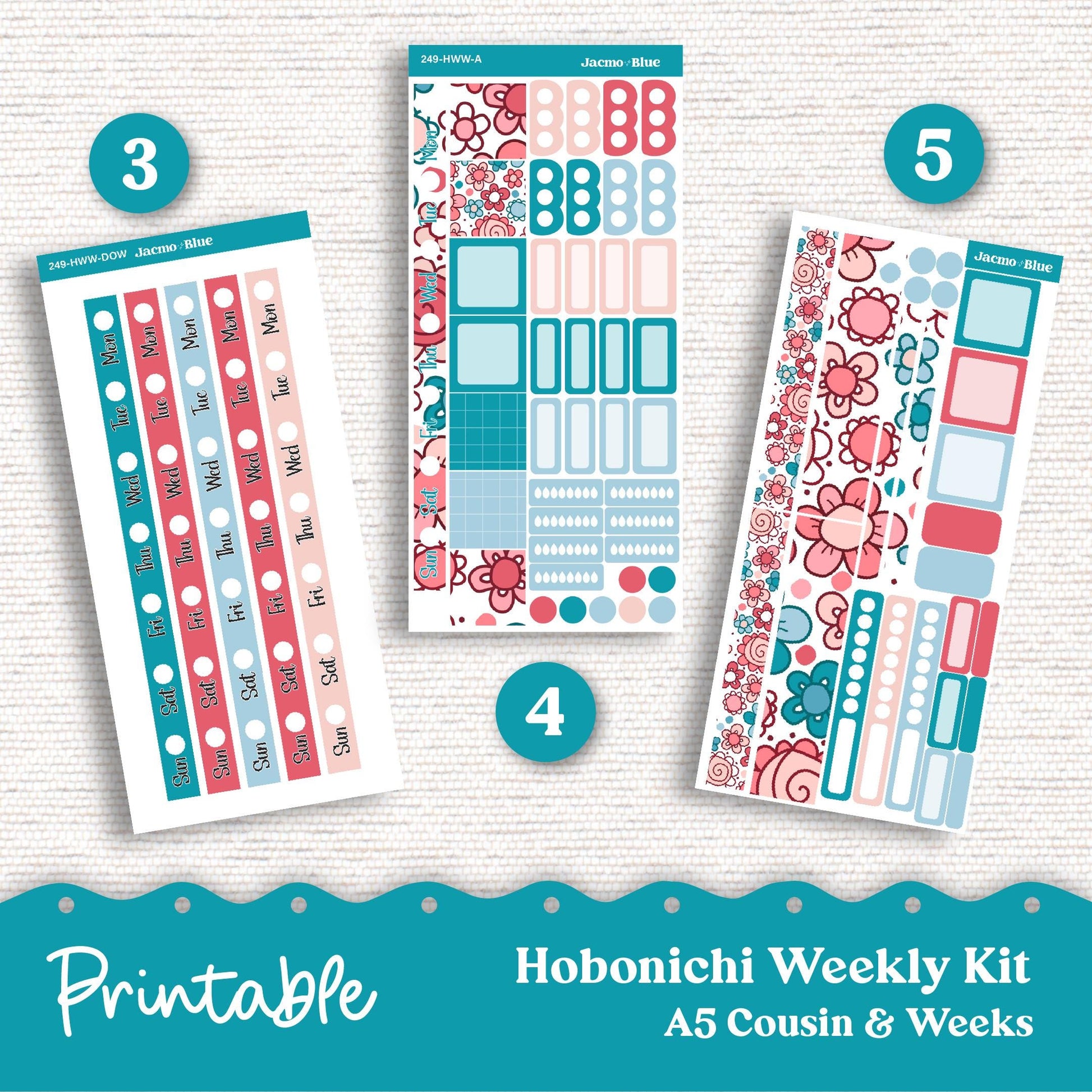 249P PRINTABLE Hobonichi Weekly Sticker Kit Cousin & Weeks Planner Stickers - Silhouette Cricut PNG Files Doodle July Red White Blue