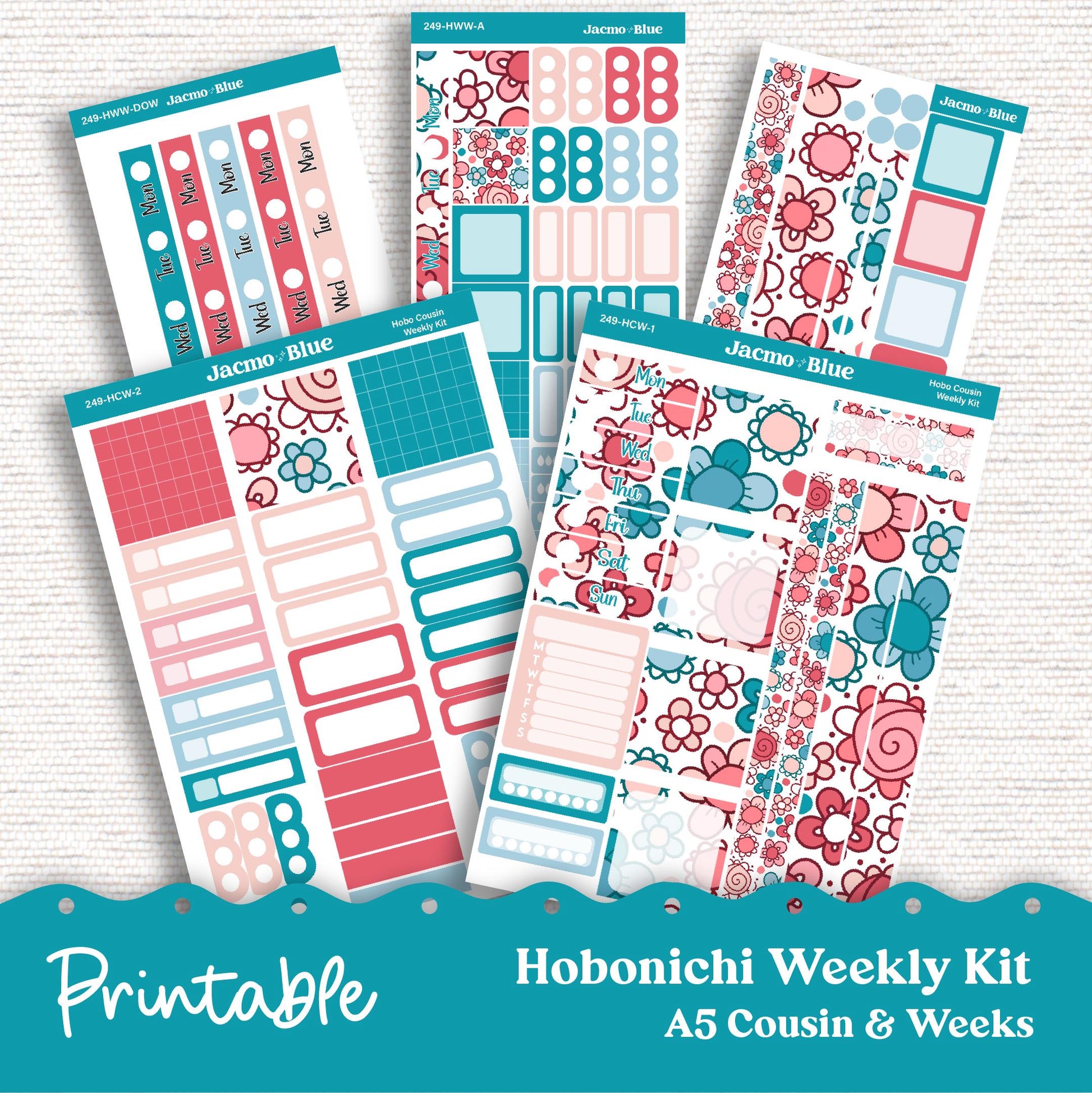 249P PRINTABLE Hobonichi Weekly Sticker Kit Cousin & Weeks Planner Stickers - Silhouette Cricut PNG Files Doodle July Red White Blue