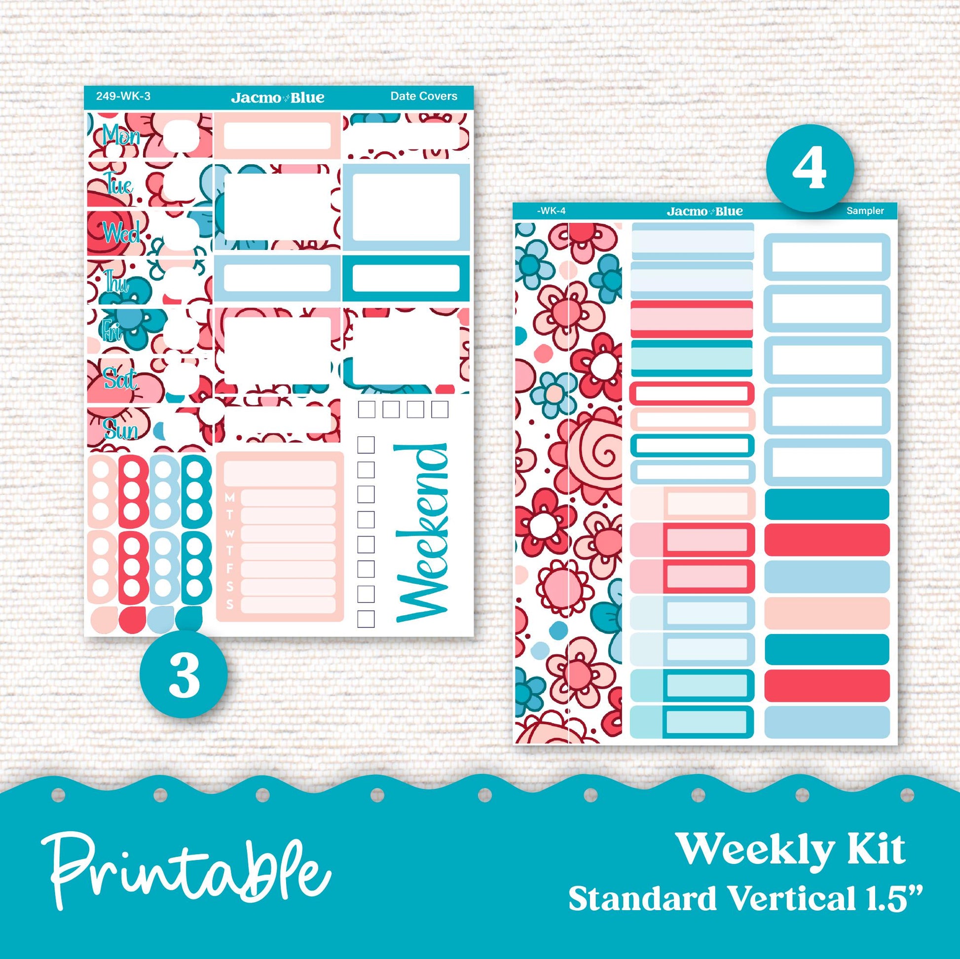 249P PRINTABLE Standard Weekly Sticker Kit Vertical Planner Stickers Erin Condren - Silhouette Cricut Doodle July Red White Blue