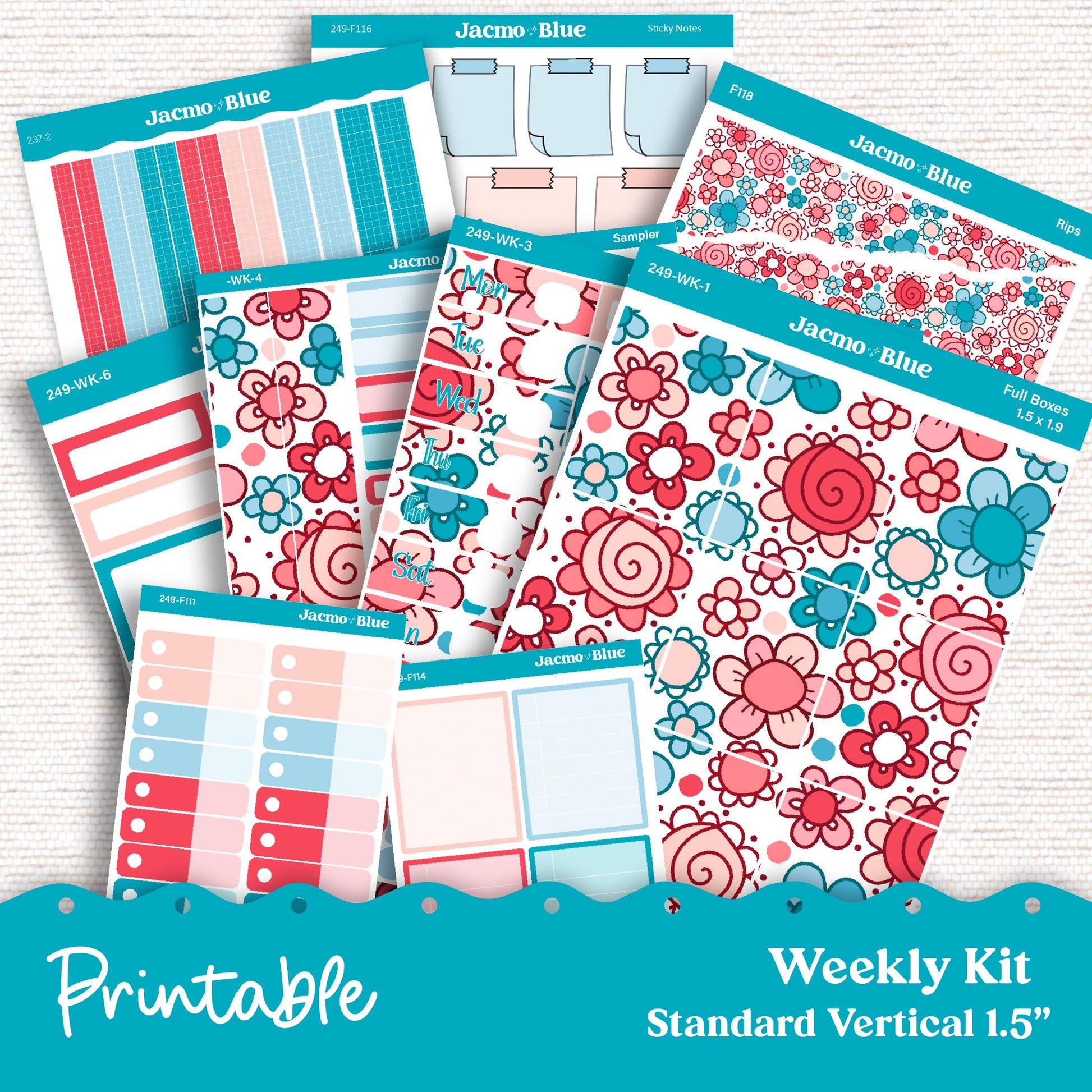 249P PRINTABLE Standard Weekly Sticker Kit Vertical Planner Stickers Erin Condren - Silhouette Cricut Doodle July Red White Blue