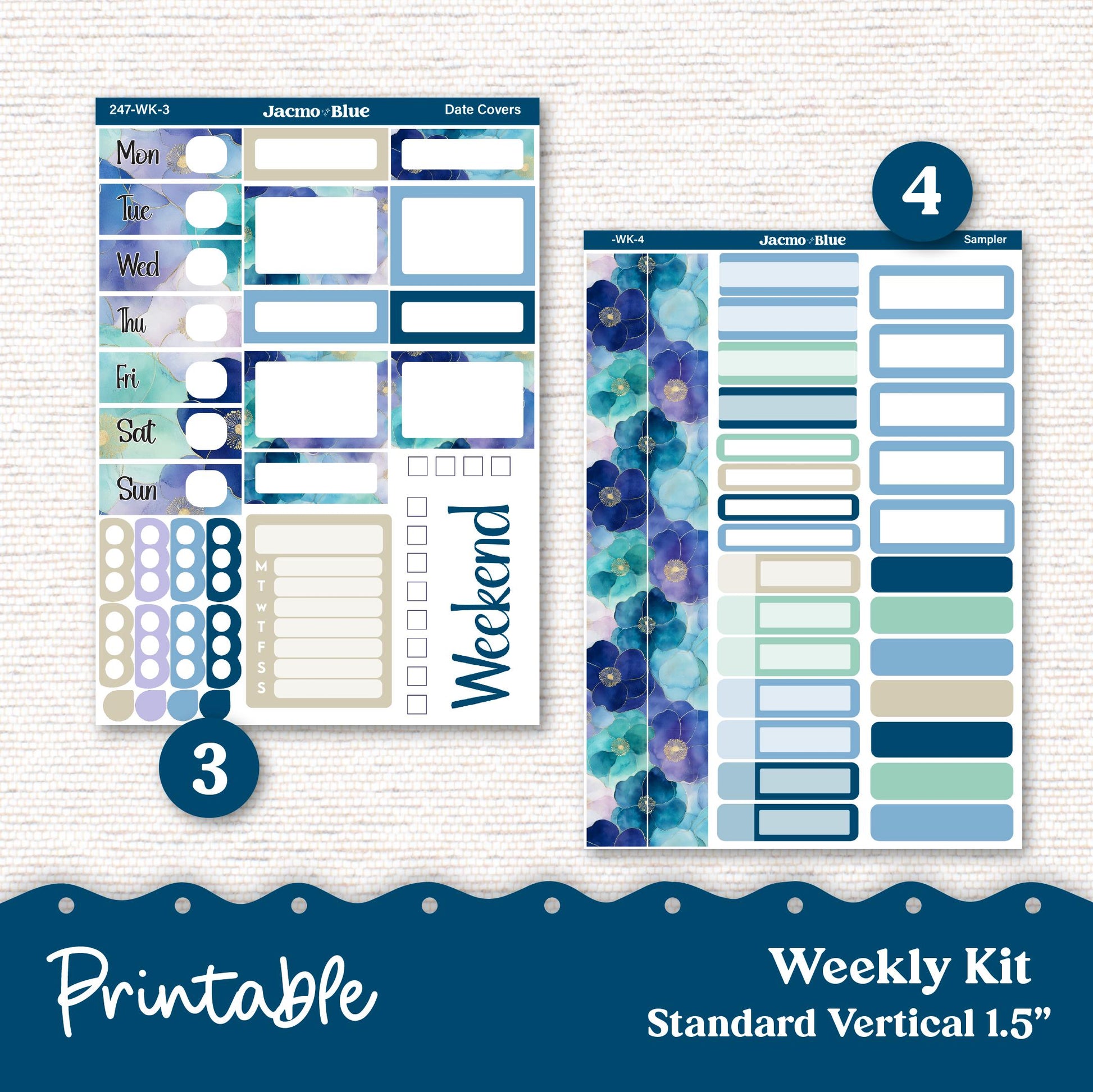 247P PRINTABLE Standard Weekly Sticker Kit Vertical Planner Stickers Erin Condren - Silhouette Cricut Watercolor Blue Green Flowers