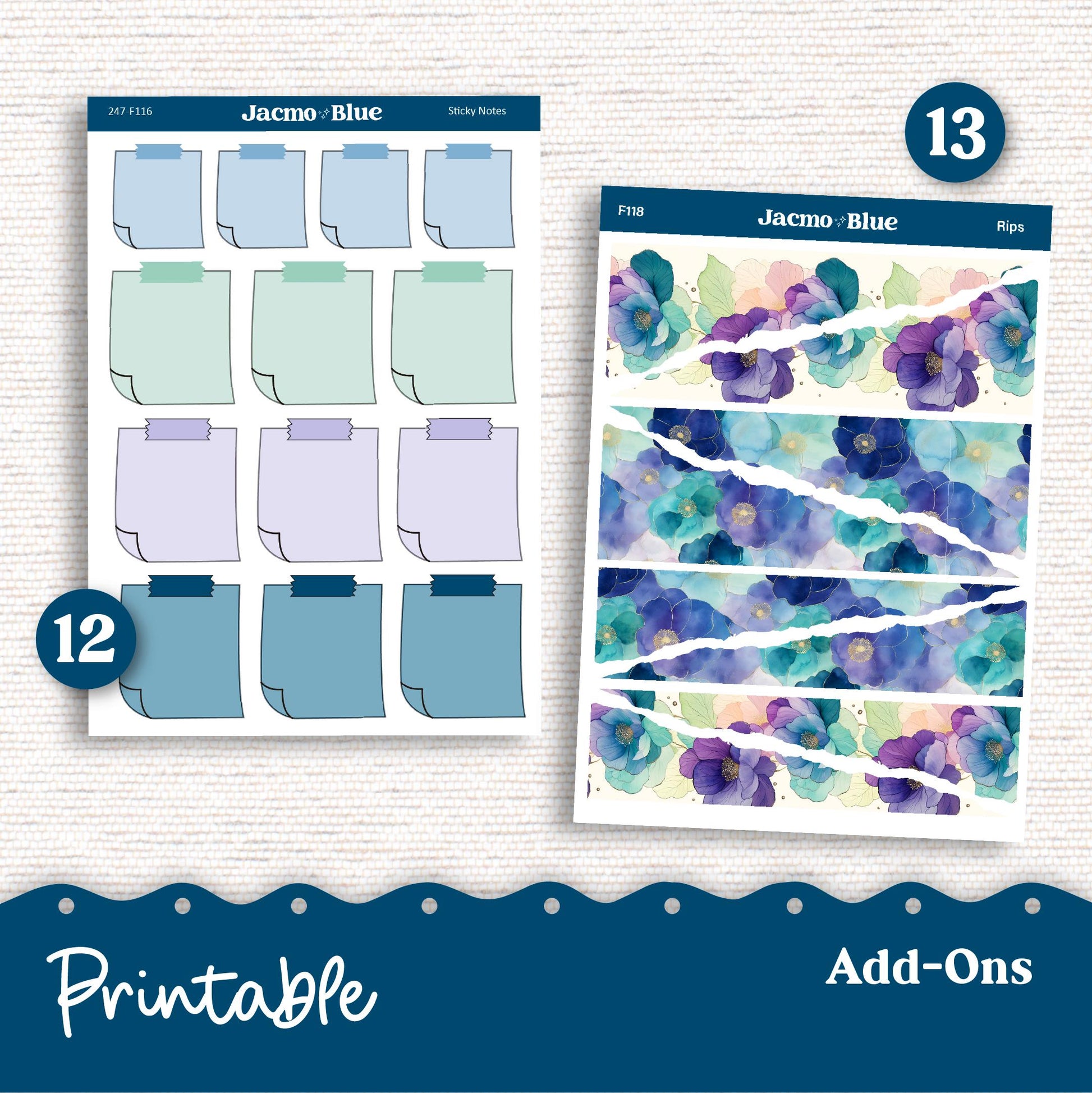 247P PRINTABLE Standard Weekly Sticker Kit Vertical Planner Stickers Erin Condren - Silhouette Cricut Watercolor Blue Green Flowers