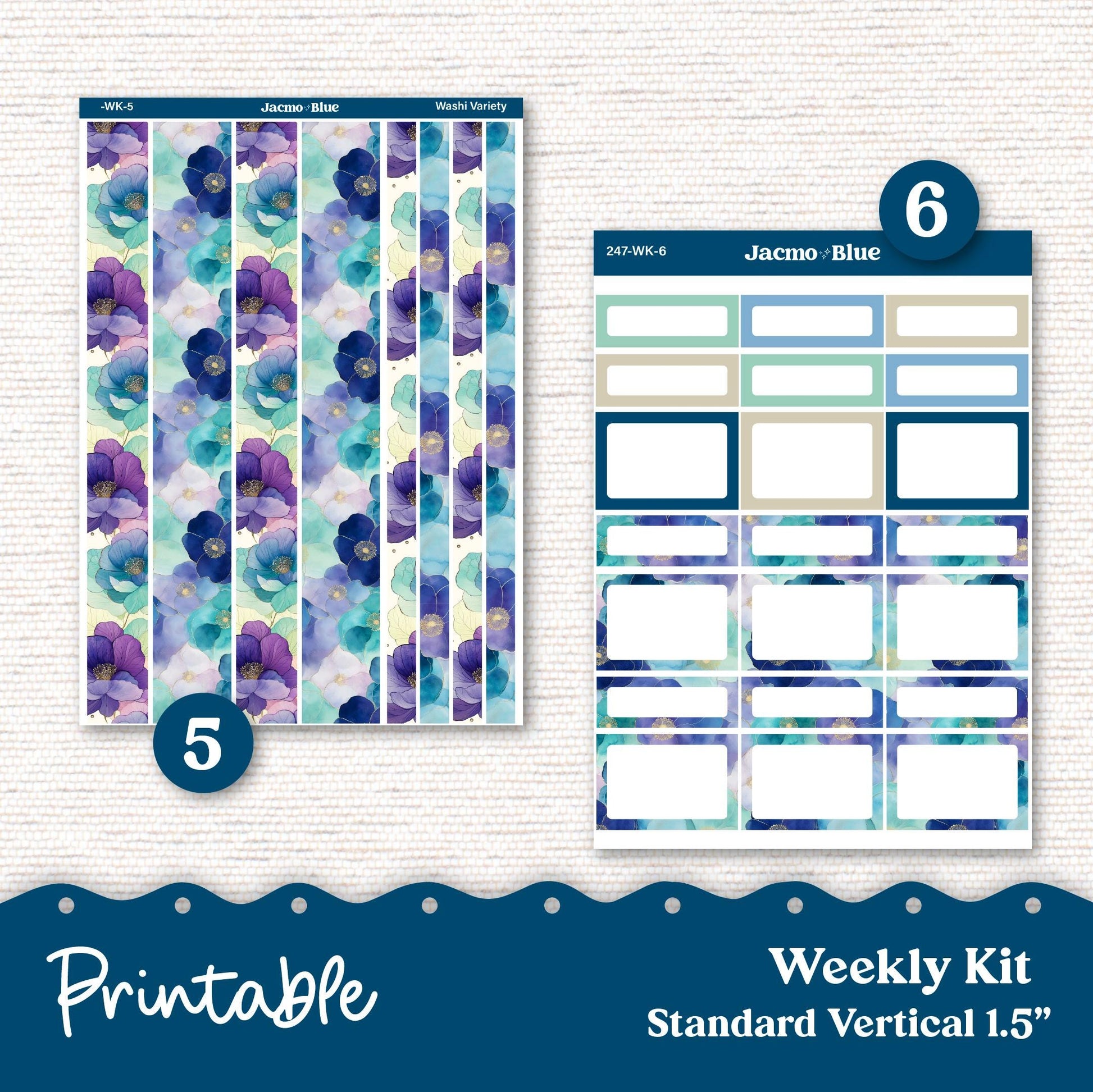 247P PRINTABLE Standard Weekly Sticker Kit Vertical Planner Stickers Erin Condren - Silhouette Cricut Watercolor Blue Green Flowers