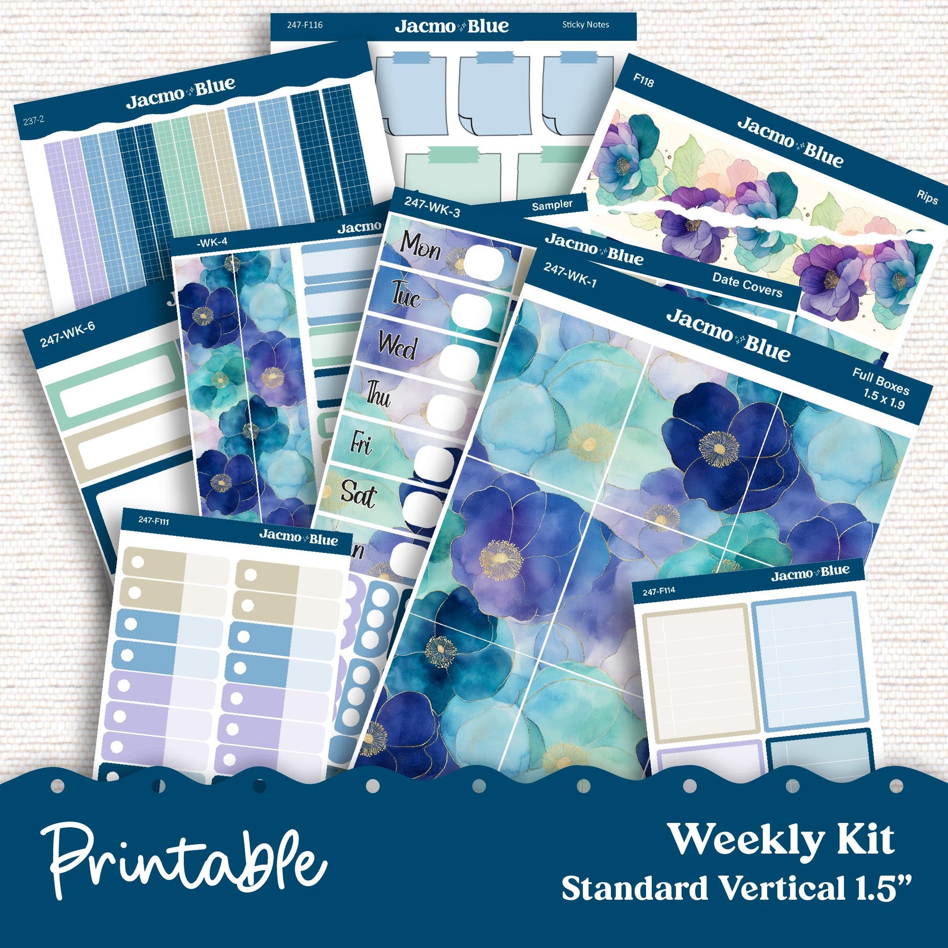 247P PRINTABLE Standard Weekly Sticker Kit Vertical Planner Stickers Erin Condren - Silhouette Cricut Watercolor Blue Green Flowers