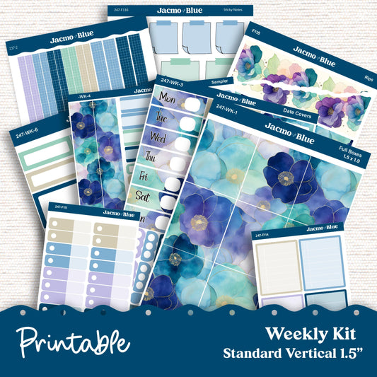 247P PRINTABLE Standard Weekly Sticker Kit Vertical Planner Stickers Erin Condren - Silhouette Cricut Watercolor Blue Green Flowers