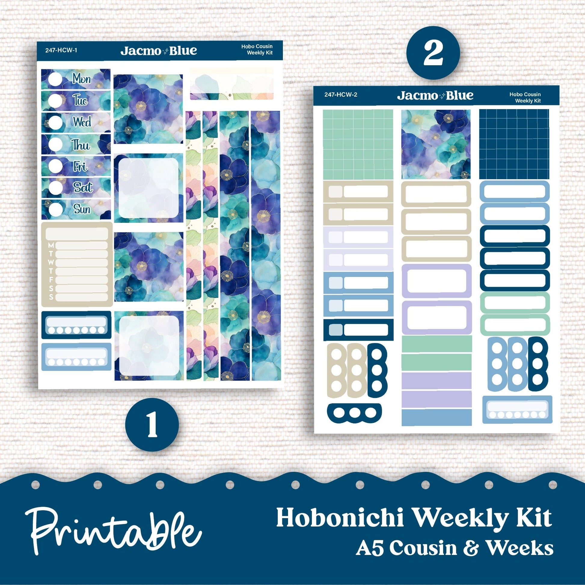247P PRINTABLE Hobonichi Weekly Sticker Kit Cousin & Weeks Planner Stickers - Silhouette Cricut PNG Files Blue Green Watercolor
