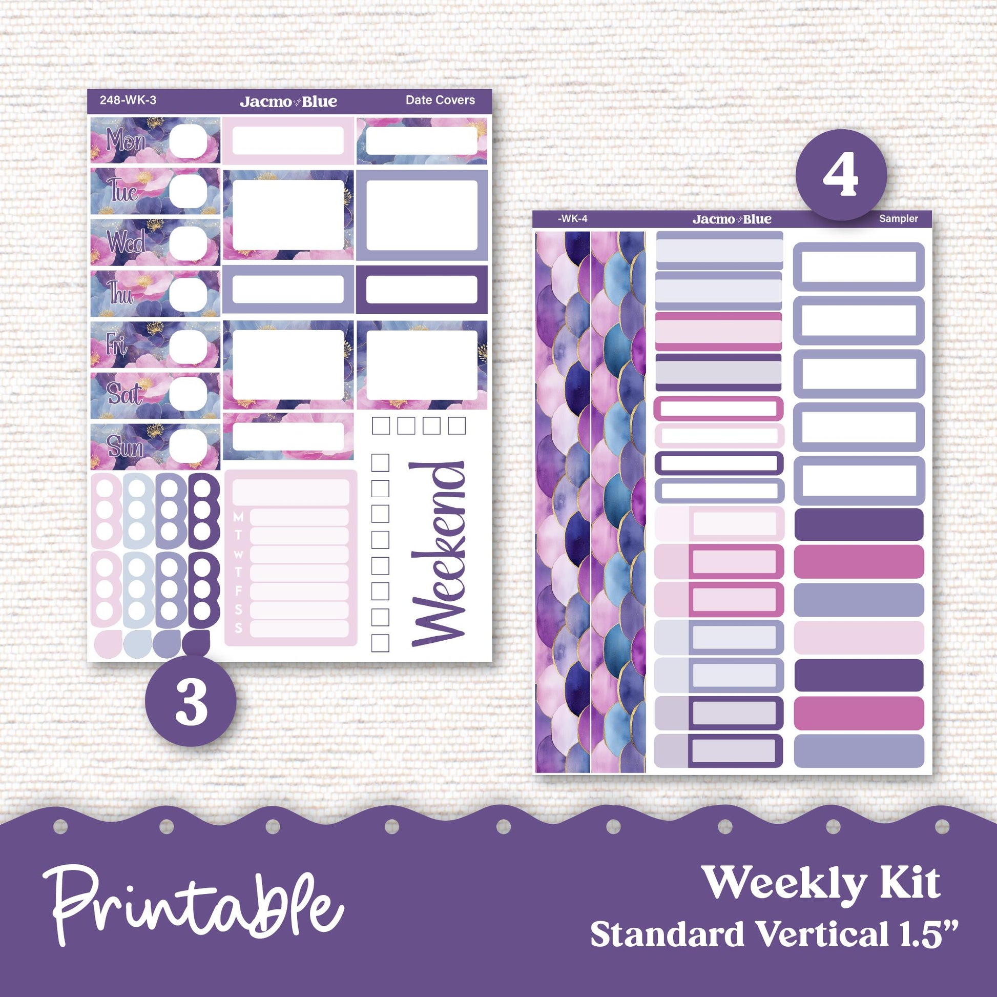 248P PRINTABLE Standard Weekly Sticker Kit Vertical Planner Stickers Erin Condren - Silhouette Cricut Watercolor Blue Purple + Bonus