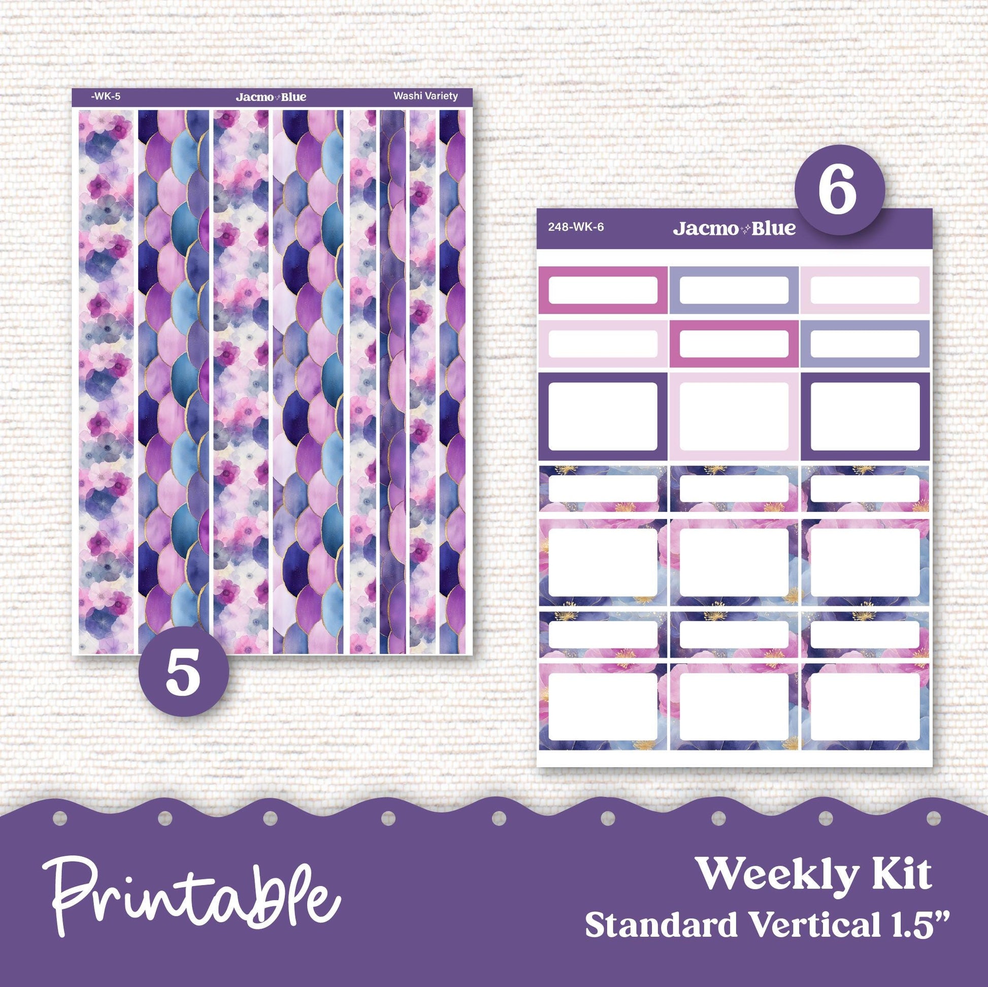 248P PRINTABLE Standard Weekly Sticker Kit Vertical Planner Stickers Erin Condren - Silhouette Cricut Watercolor Blue Purple + Bonus